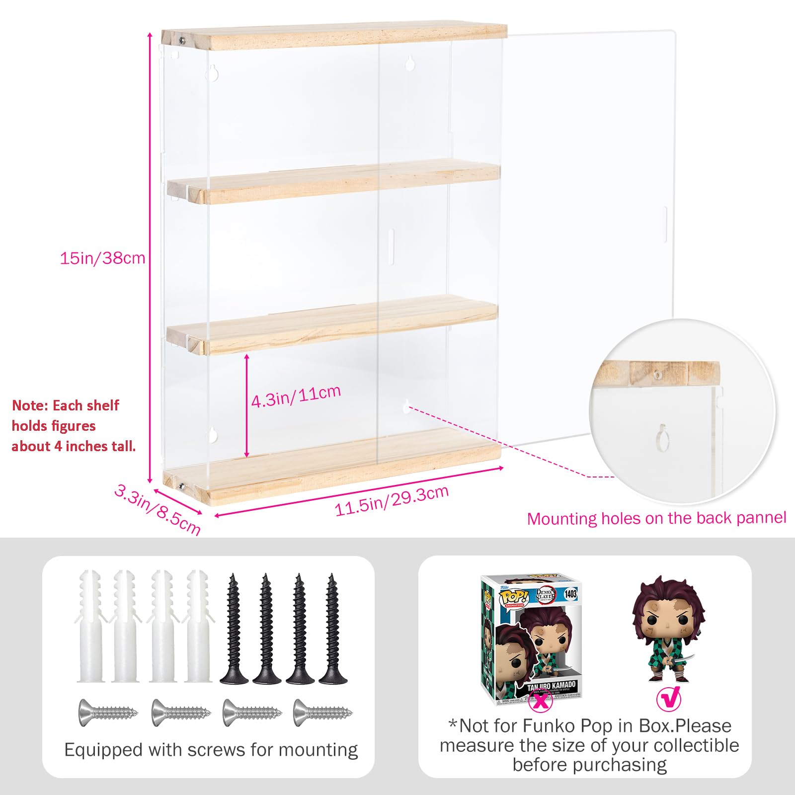Vitrine Murale pour Collection en Acrylique, 3 Niveaux Boite Acrylique d'exposition Vitrine Transparente avec Porte pour Mini Funko Pop, Figurine, 29.3x8.5x38cm, Bois