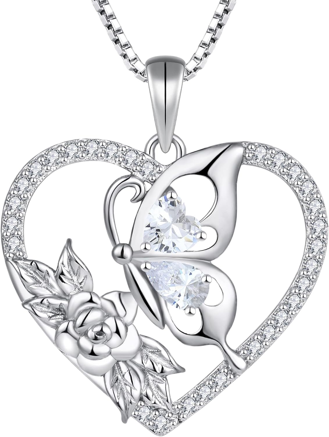 YL Women's Butterfly Necklace 925 Sterling Silver Flower Rose Pendant Birthstone Halo Jewelry