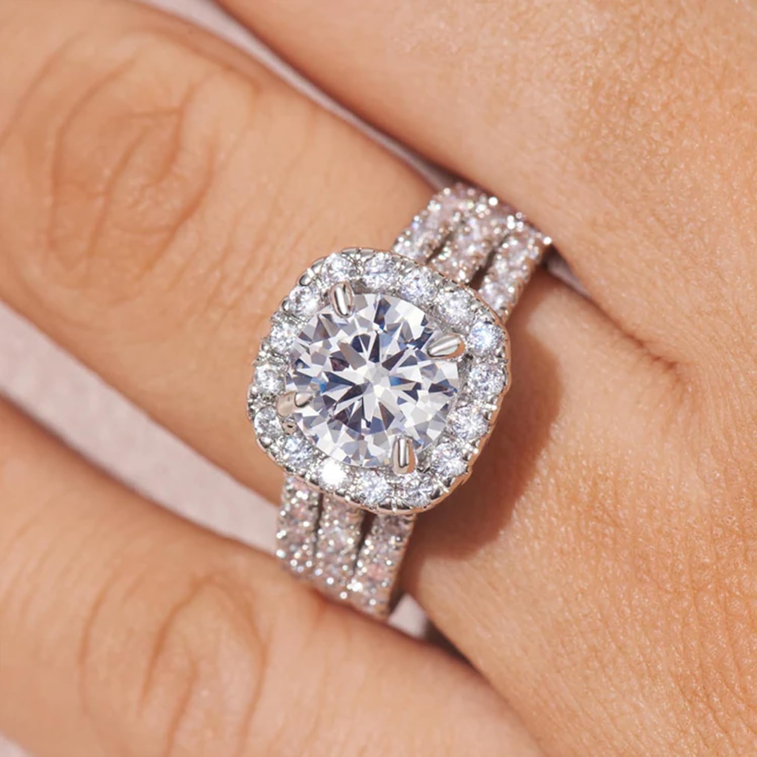 JKK Valentines Day Gifts for Her - 925 Sterling Silver 2ct D Color VVS1 Clarity Lab Grown Diamond Halo Wedding Engagement Ring Silver Jewelry Anniversary Valentines Day Gifts for Women Her - Image 3