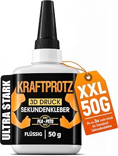 3D Druck Sekundenkleber Flüssig extra stark – 50 g XXL Superkleber wasserfest, hitzebeständig & transparent – Anti-Austrocknungs-Spitze – KRAFTPROTZ für PLA, ABS, PETG, TPU & 3D-Druck-Zubehör