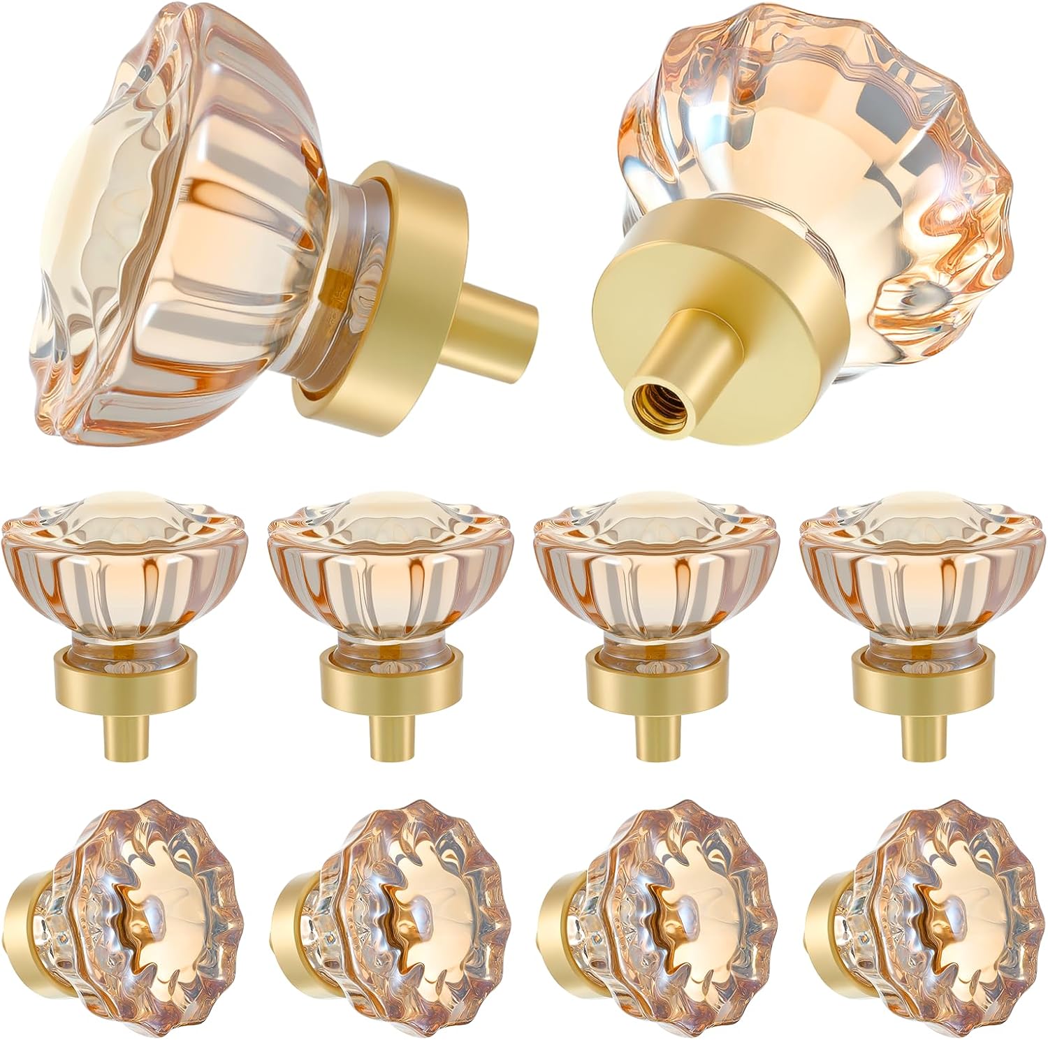 8 PCS Champagne Crystal Cabinet Knobs, 1.38" Diameter Gold Cabinet Glass Knobs with Brushed Gold Base Decorative Flower Knob for Kitchen Cupboard, Closet, Bathroom, Dresser Drawers