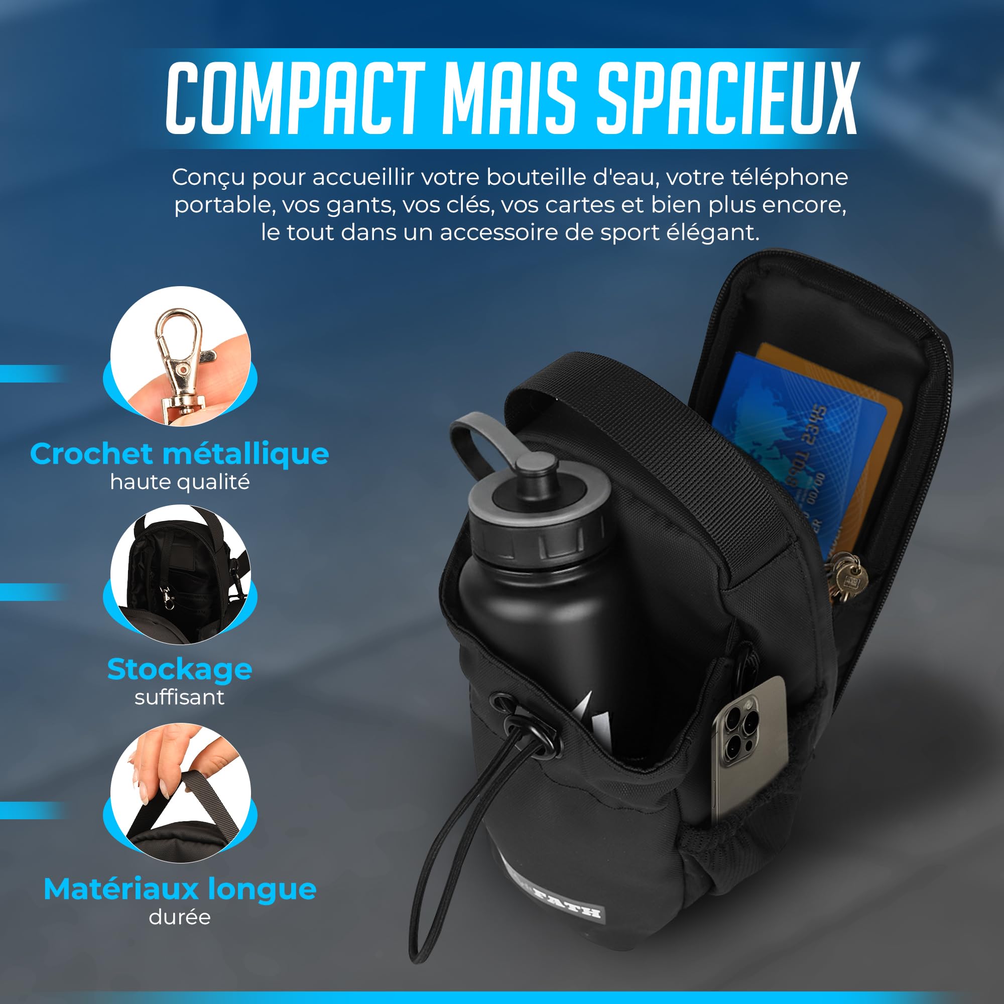 Sac porte gourde magnétique 1,5L – Sac magnétique bouteille sport waterproof - Étanche pour téléphone portable, clés, carte – Sac multifonction randonnée, vélo, course, fitness, voyage