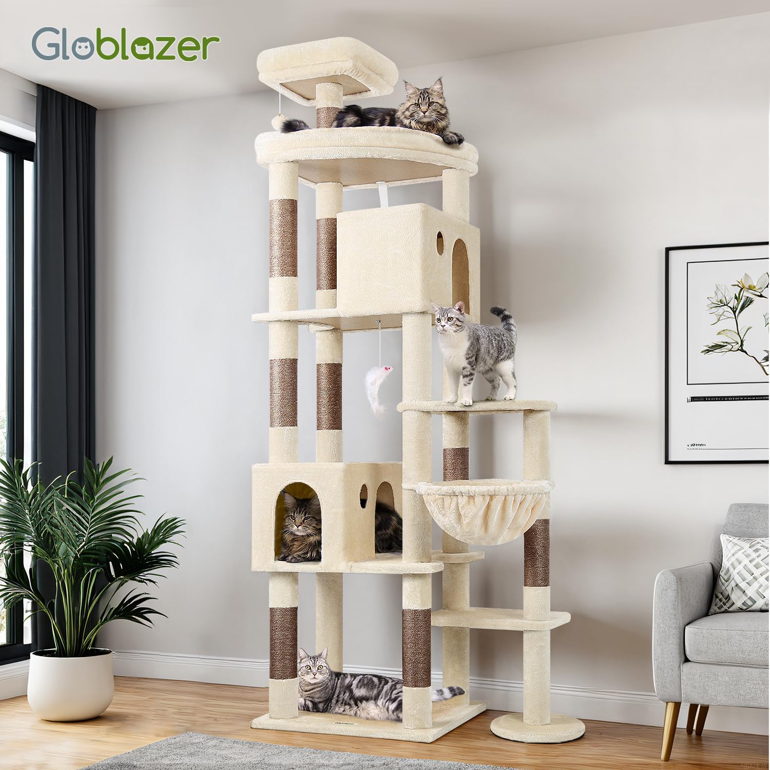 Multiple cats interacting with the Globlazer F83 cat tree, showing its large size and various features.