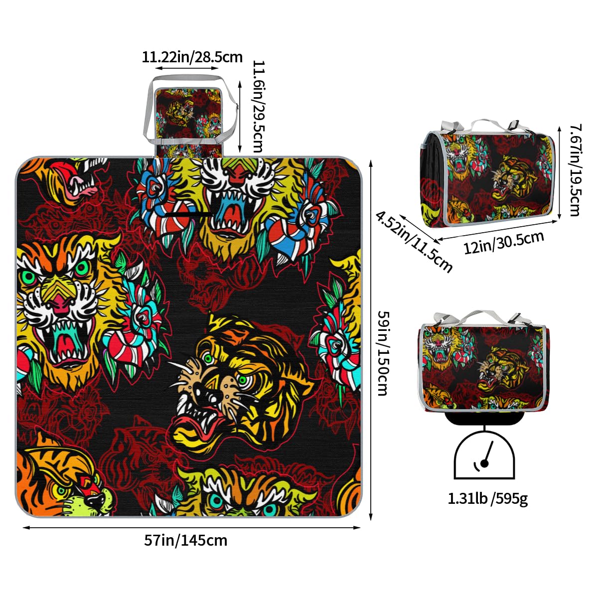 Shimoshe Picnic Blankets 57”x 59”, Ethnic Tiger Waterproof Sandproof Picnic Mat Lightweight Foldable Beach Blanket for Camping Park Grass Beach Outdoor Blanket