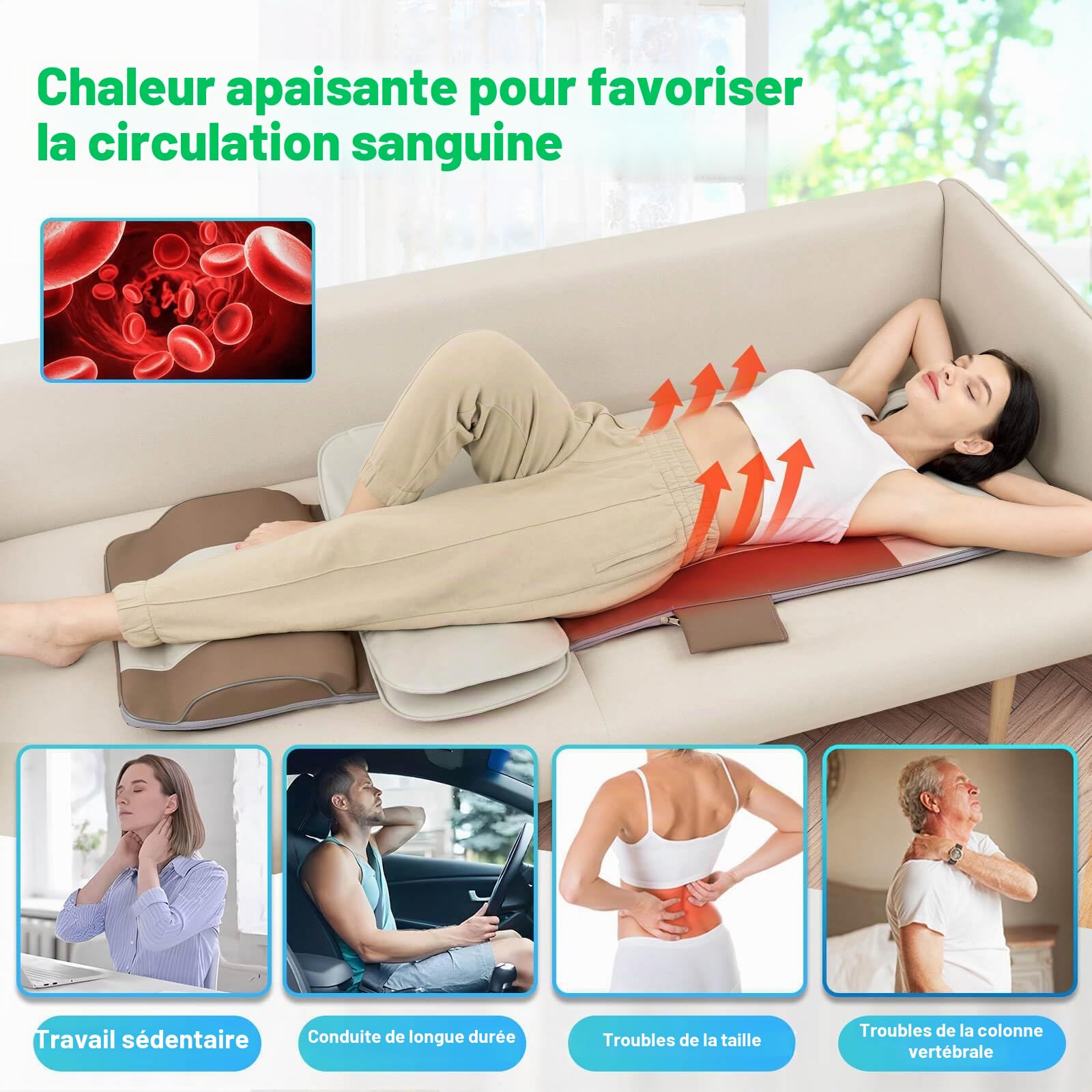 Tapis de massage pour tout le corps, étirement 3D et traction lombaire, chauffage du dos, traction vers le haut et vers le bas, tour de virage, gauche et droite, 4 modes, 3 intensités, 3 niveaux de