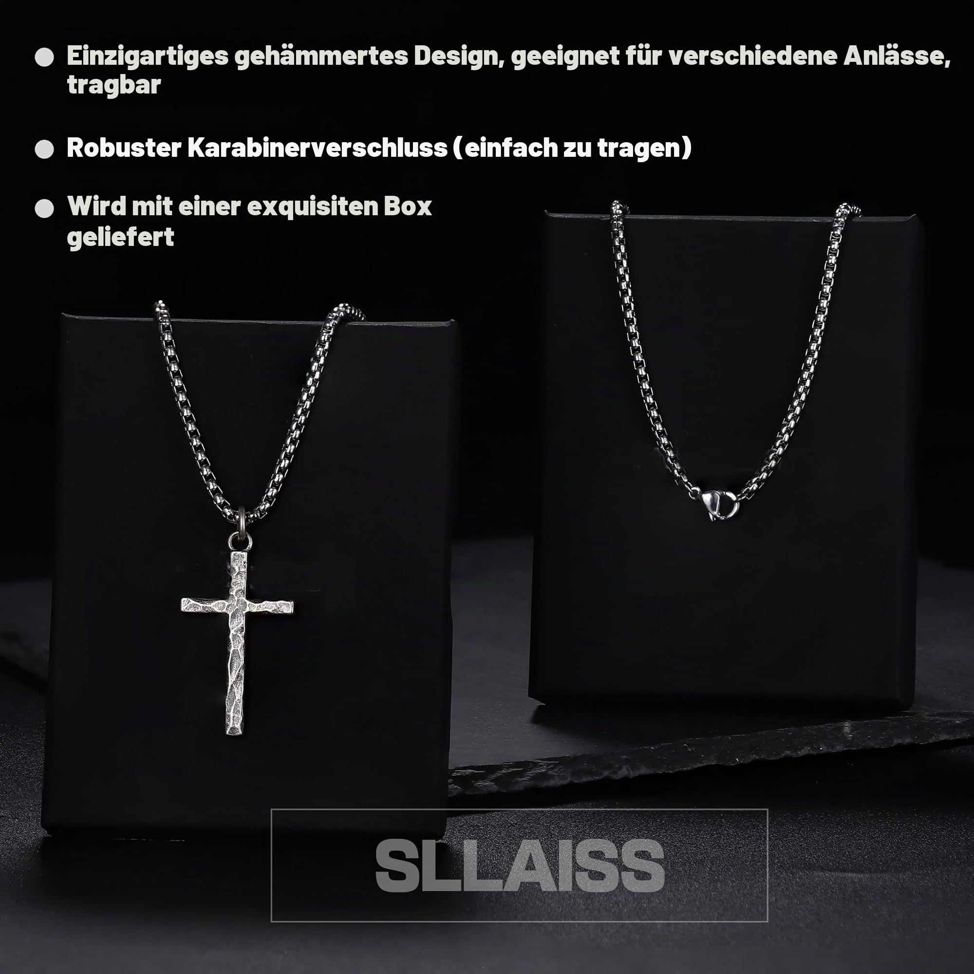 Sllaiss Kreuz Kette Herren Silber 925 Anhänger mit Edelstahlkette, Vintage | Halskette für Männer Jungen Kette mit Kreuzanhänger Silberkette Gehämmert Herrenhalskette Wasserfest 18/20/22/24/26 Zoll
