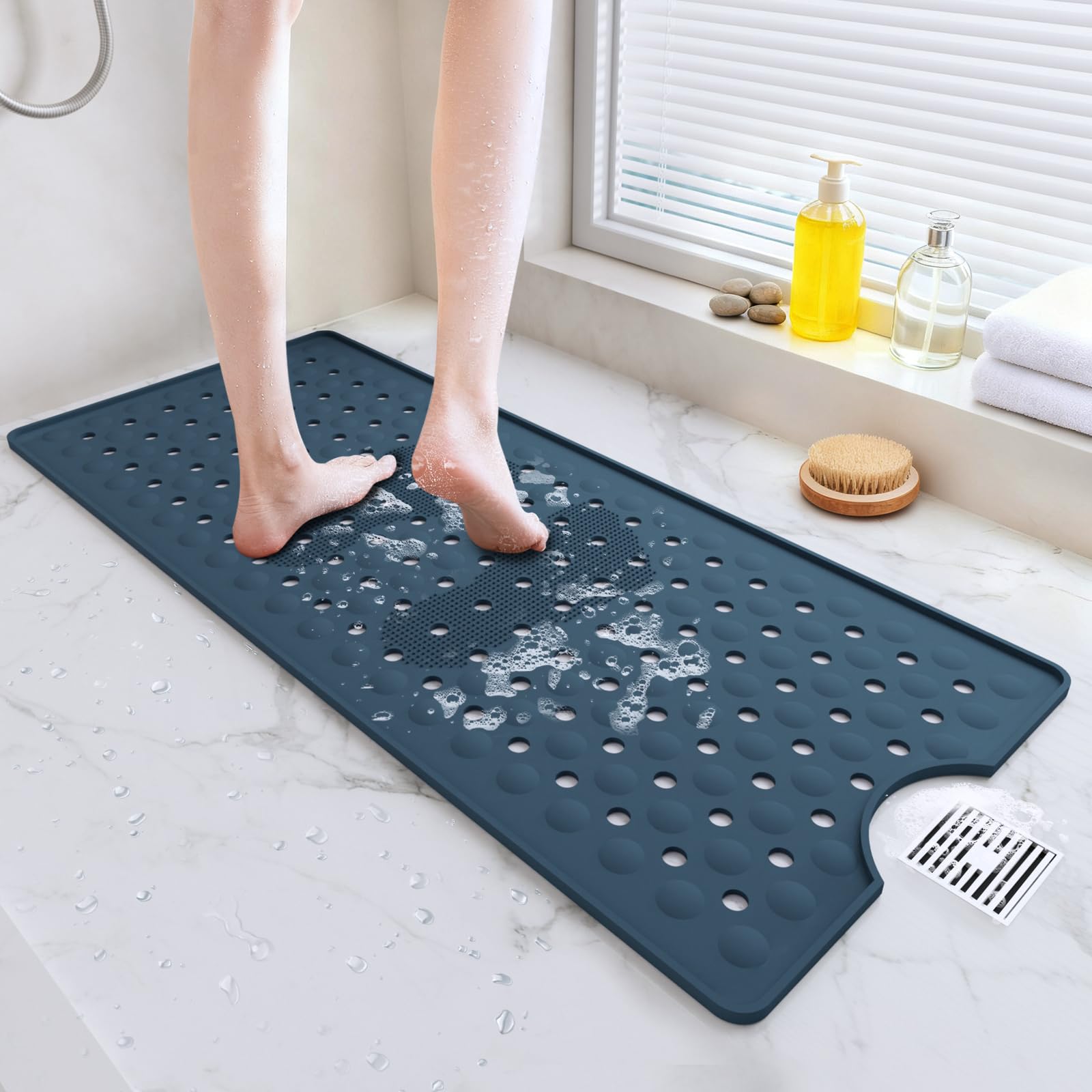 Tapis Baignoire Antidérapant, 90 x 40 cm Tapis Baignoire pour Sol de Cabine de Douche, Lavable en Machine, Trous de Drainage pour Gardez Vos Baignoires Propres, Bleu Profond