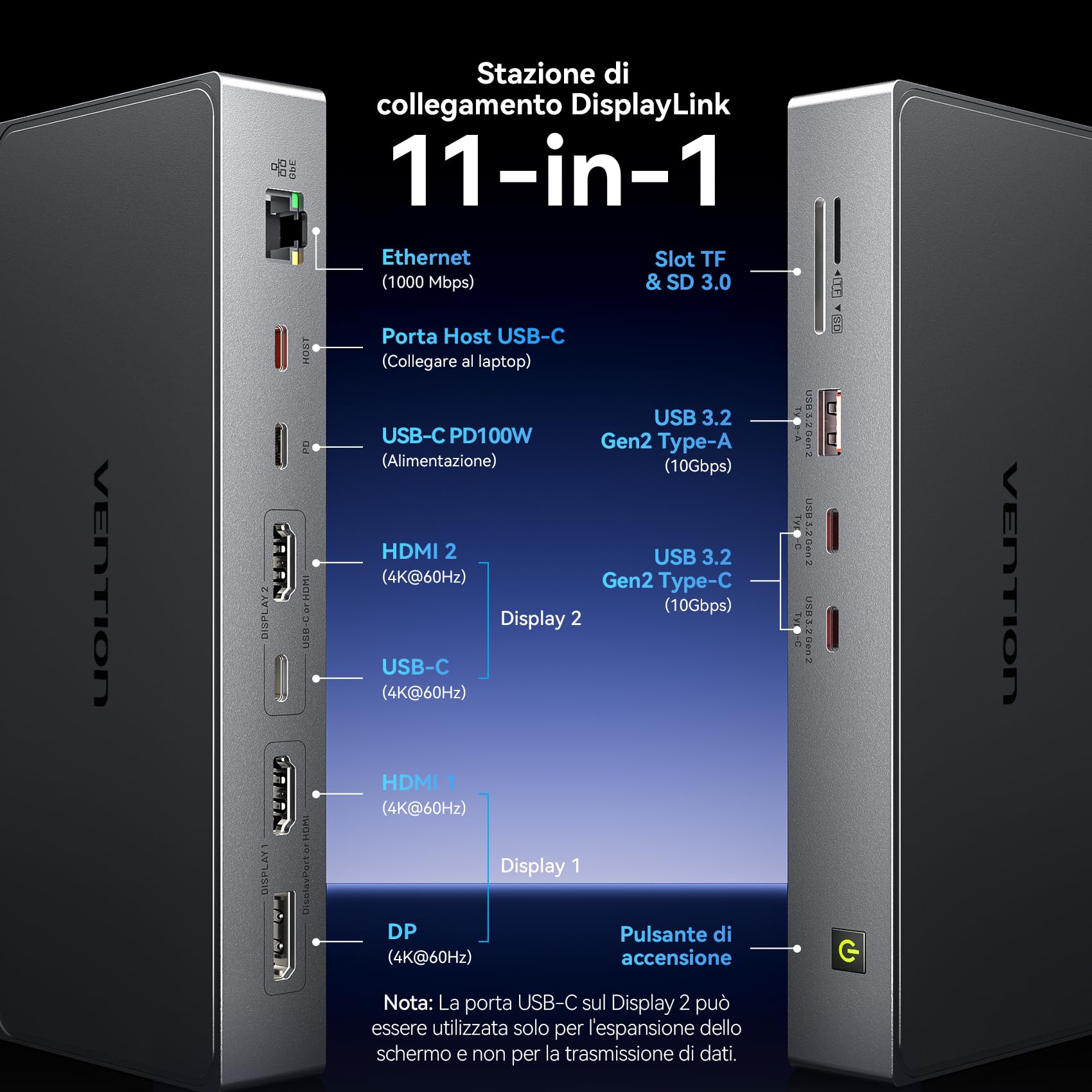 VENTION Docking Station DisplayLink per MacBook M1/M2/M3/M4, Docking Station USB C 11 in 1 con Doppio Monitor 4K@60Hz,Stazione per portatile con USB A/C 10Gbps,HDMI,DP,PD 100W,SD/TF