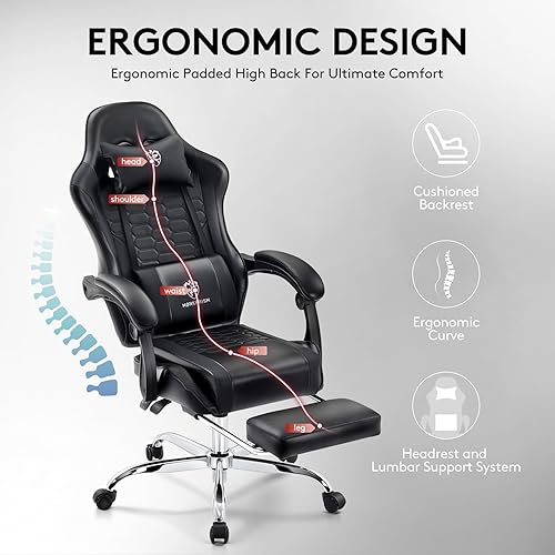 Miniatura 27 de Silla Gaming, Silla de Oficina para Computadora con Reposapiés, Soporte Lumbar de Masaje y Almohadilla de Gel, Silla Ergonómica Reclinable Ajustable