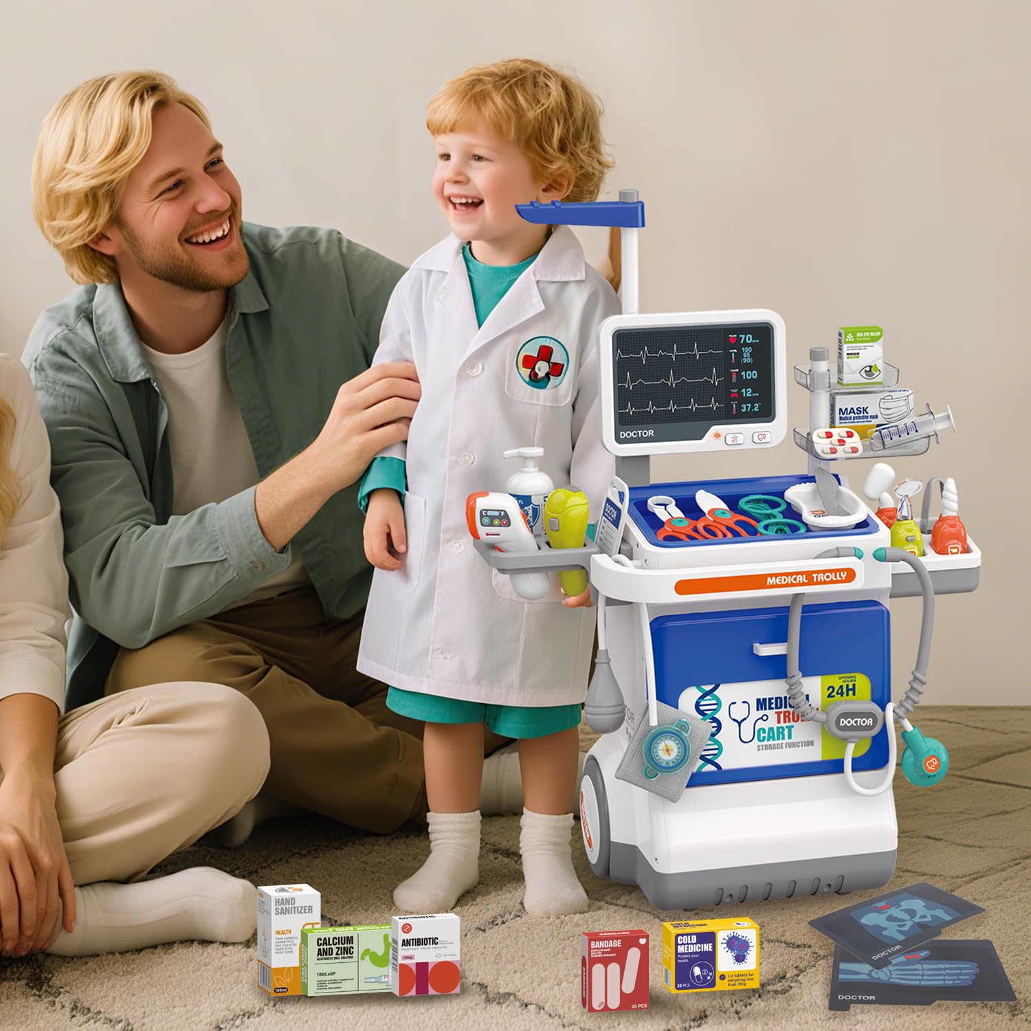 Mallette Docteur Enfant 32 Pièces Kit Médical Jouet avec Stéthoscope, Thermomètre, Seringue, Chariot