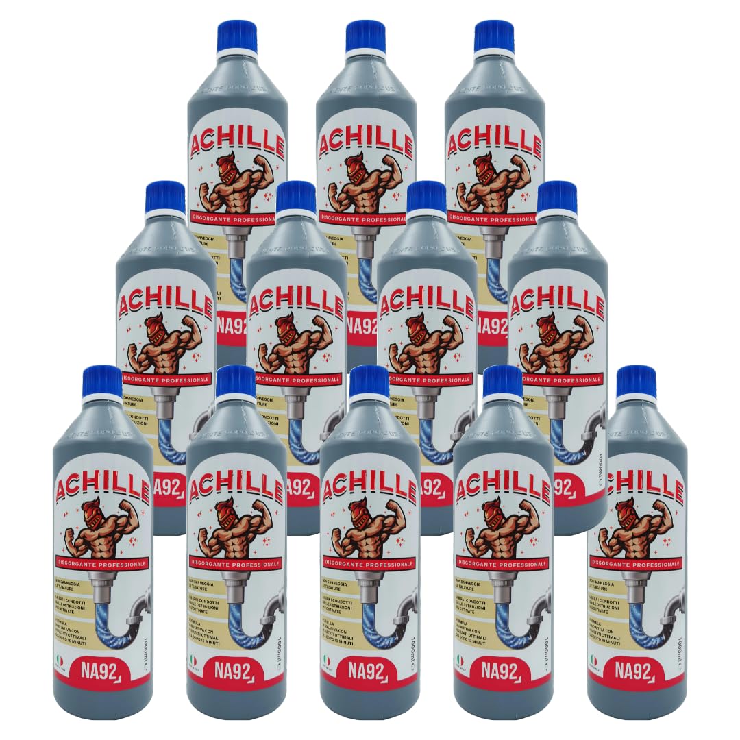 ACHILLE Disgorgante Disotturante Liquido Professionale Per Tubi e Scarichi WC Bagno, Cucina, Doccia e Vasca, Non danneggia le Tubature. NA92 ML 1000ML (Confezione da 12 PZ)