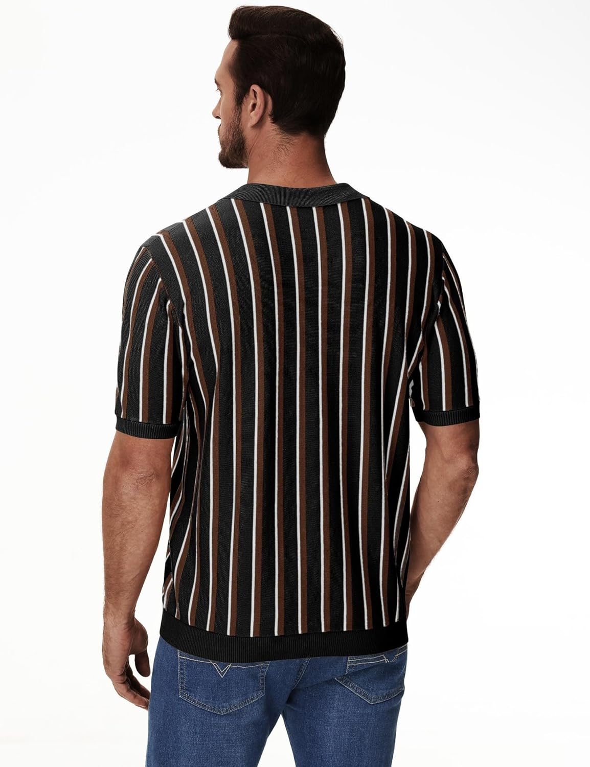 iWoo Men's Knit Polo Shirts Short Sleeve Casual Vintage Striped Golf Polo Classic Collared T Shirt - Image 5