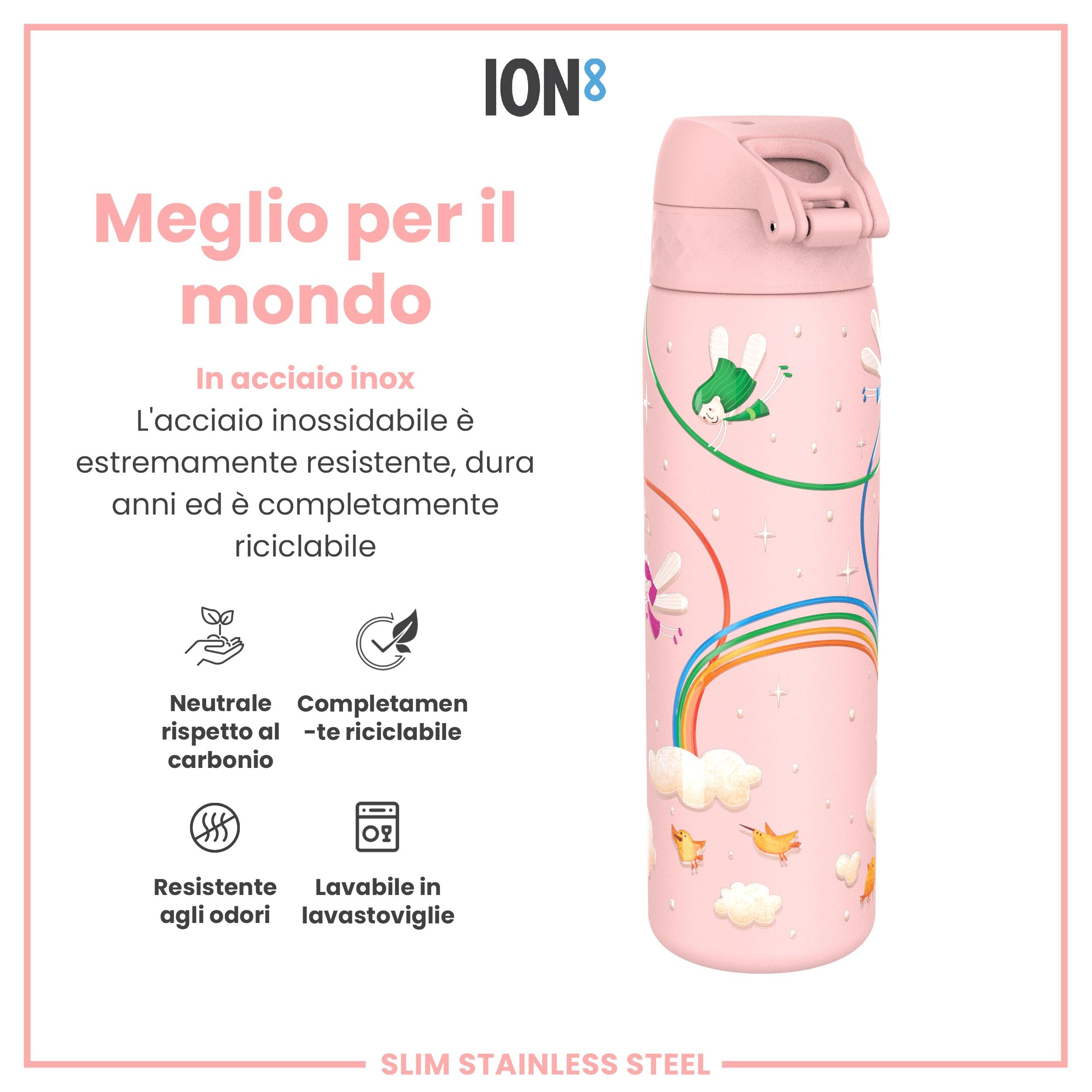 Ion8 Borraccia Inox Leggero, 600ml, Non Isolato, a Prova di Perdite, Facile da Aprire, Serratura Sicura, Lavabile in Lavastoviglie, Adatta a Portabicchieri, Durevole, Fate