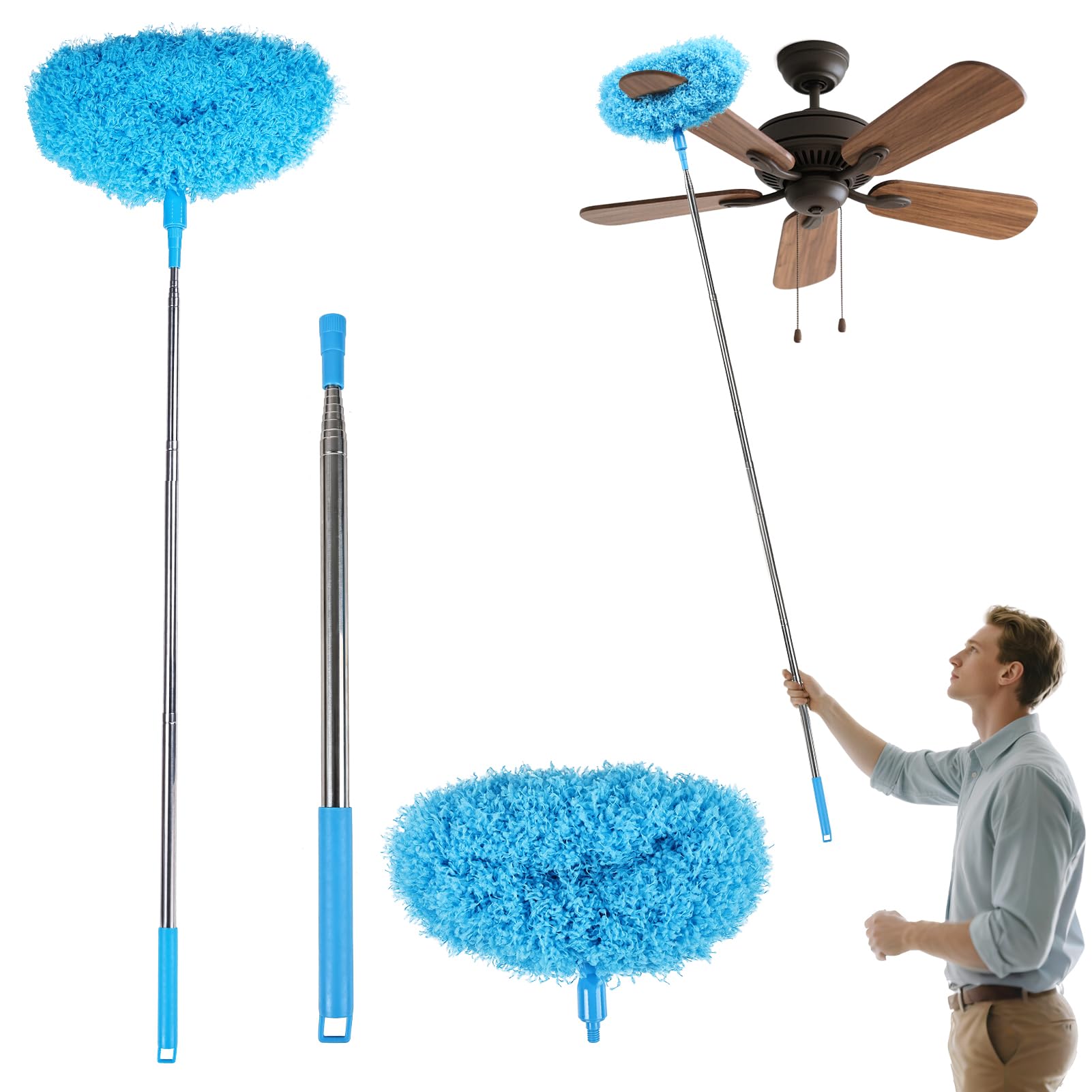Ceiling Fan Cleaner Duster Reusable Microfiber Removable Extendable Duster with 95" Telescoping Pole for Cleaning Walls Furniture Door Window Top (Blue)