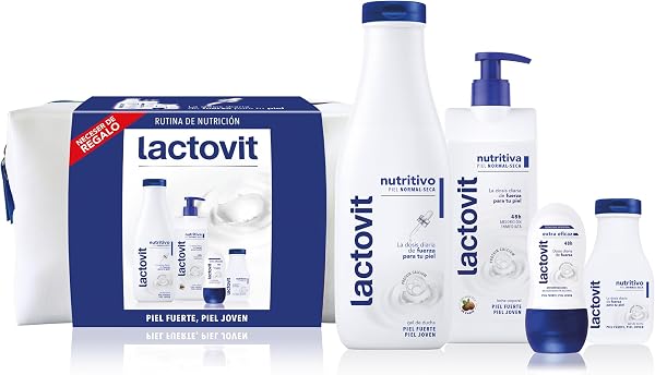 Lactovit Confezione nutriente, beauty case con latte corpo nutriente 400 ml, gel doccia nutriente 550 ml e 90 ml e deodorante Roll On Extra Efficace 50 ml con 0% alcool, pelli normali e secche - 1