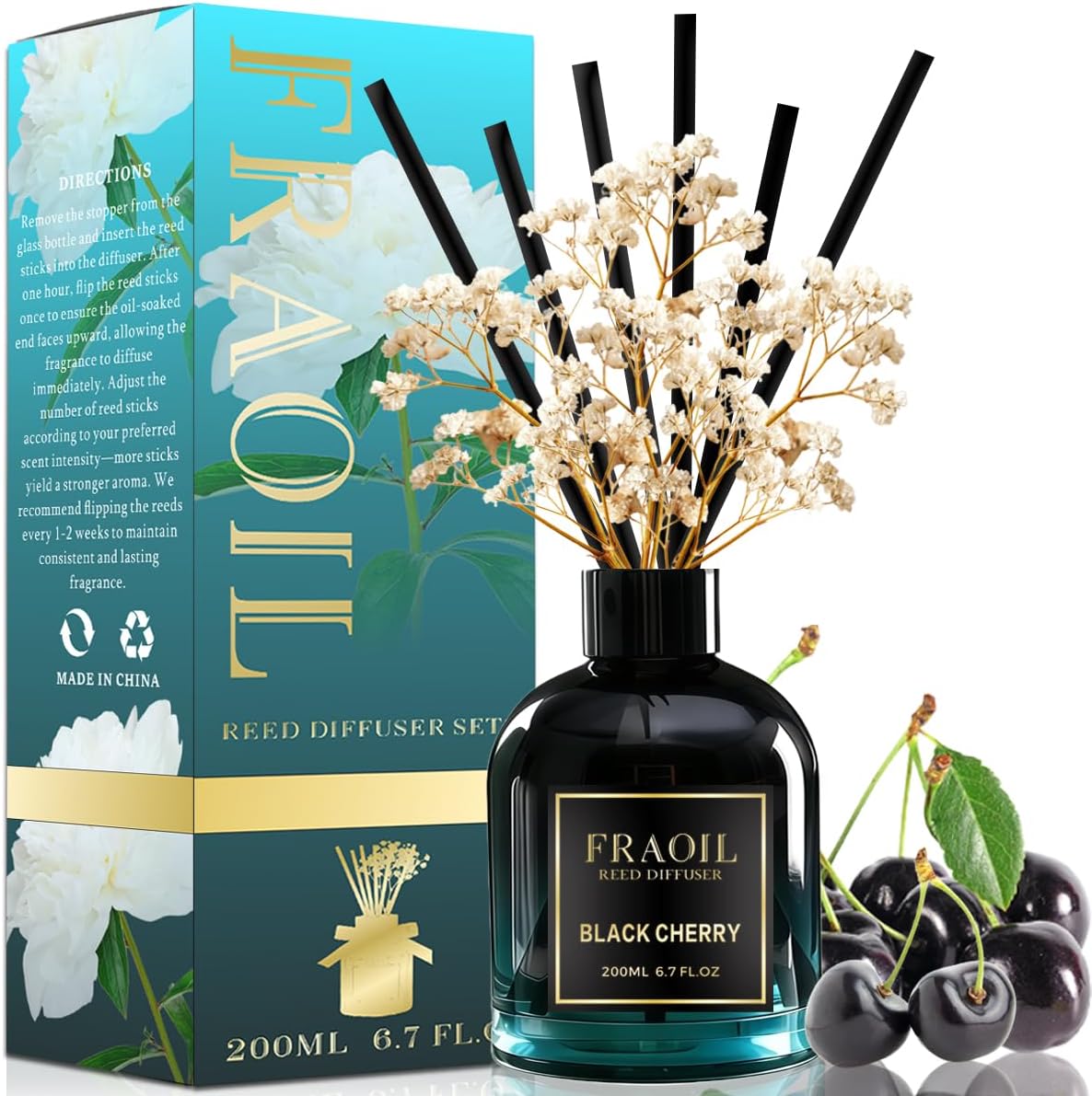 Black Cherry and Clean Linen Reed Diffuser Sets 6.7 fl oz (200 ml) with 6 Reed Sticks, Home Fragrance Reed Diffuser for Bathroom Shelf House Bedroom Office Decor