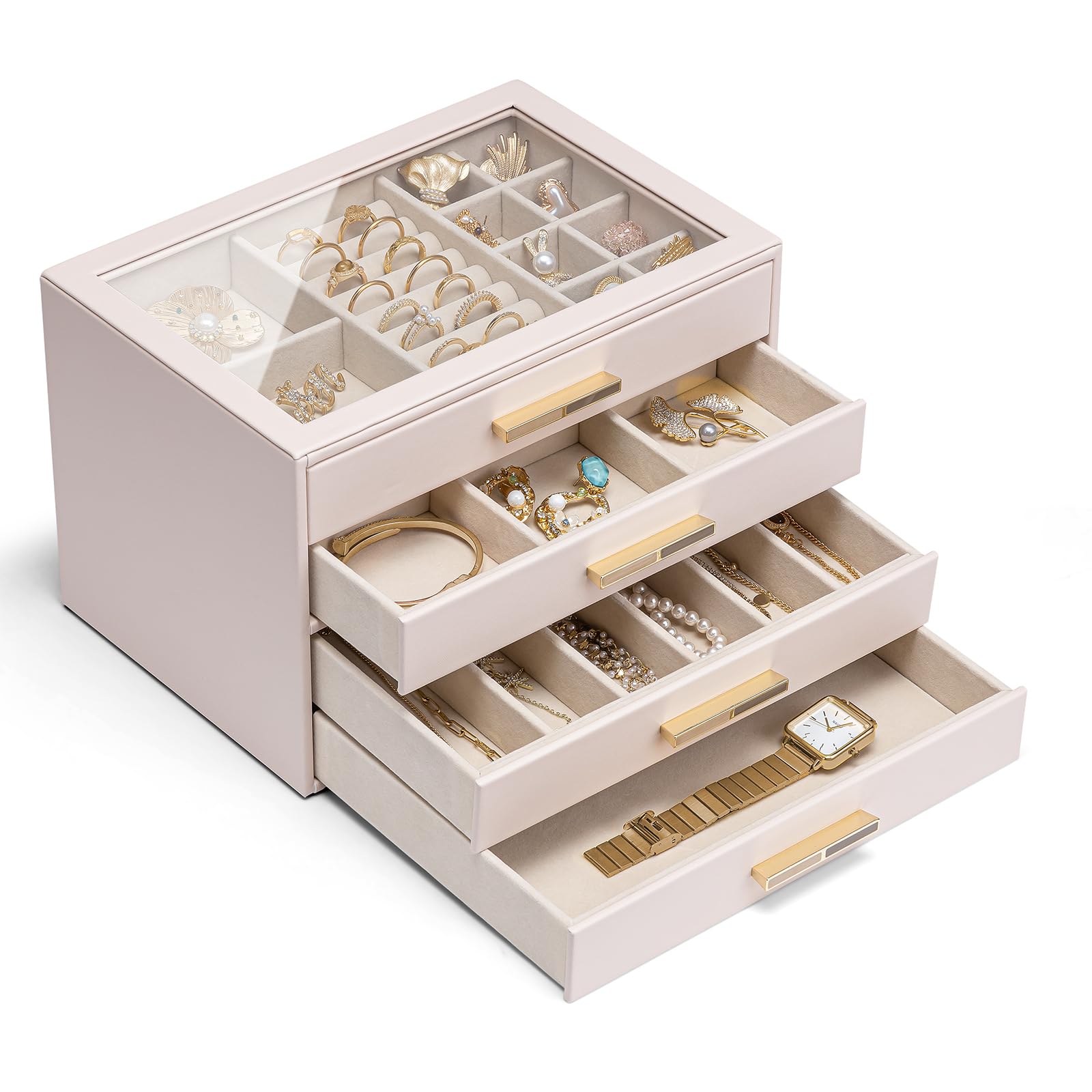 Vlando Joyero de 4 cajones con tapa de cristal, organizador de piel sintética para anillos, aretes, collares y más, estuche de joyería listo para regalo para mujeres, niñas o madres, rosa y beige