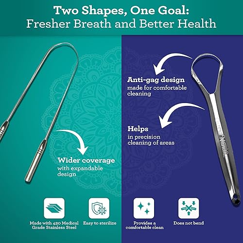 Miniatura 8 de GuruNanda Raspador de lengua de acero inoxidable paquete de 2 limpiador de lengua 100 acero inoxidable de grado médico raspador de lengua para