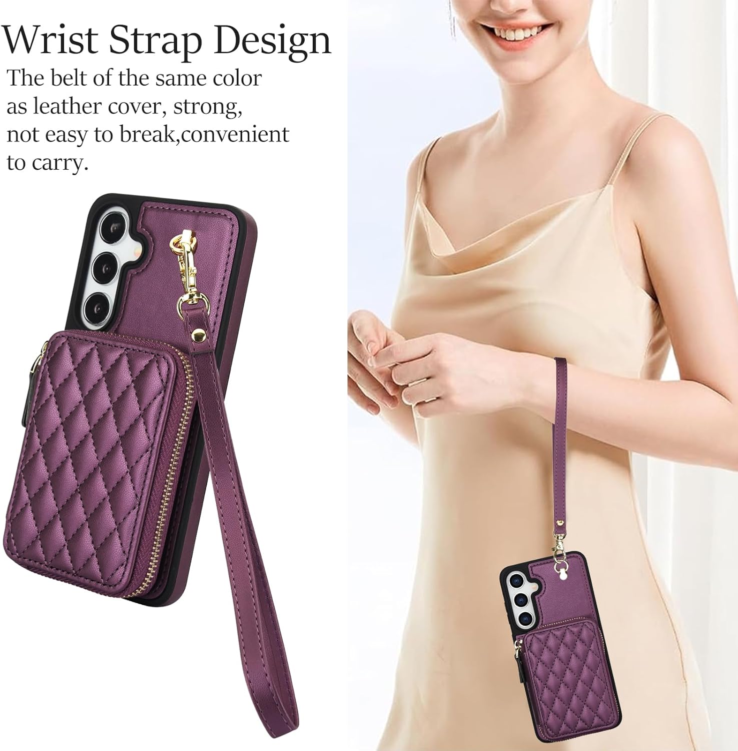 Phone Case for Samsung Galaxy S24 5G Wallet Cell Cover with Tempered Glass Screen Protector Wrist Crossbody Strap Lanyard RFID Blocking Credit Card Holder S 24 24S G5 SM-S921U Women Girls Dark Purple