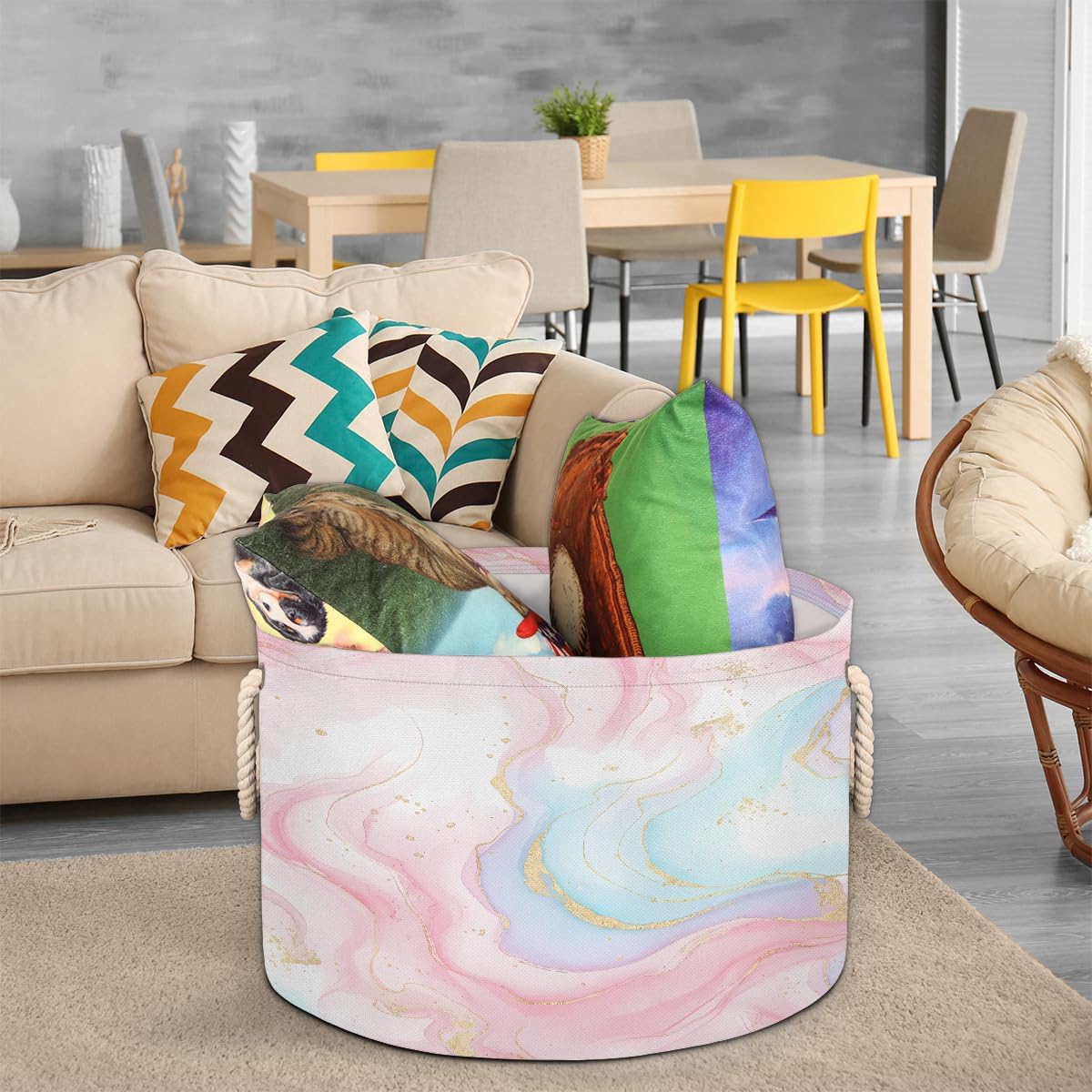 Large Storage Baskets - Powder Gold Marble Nursery Round Collapsible Organizer Bin Box, Laundry Hamper for Kids Toys, Blanket, Bedroom Living Room Home Decor, Gift Basket, 19.4"x13.3"