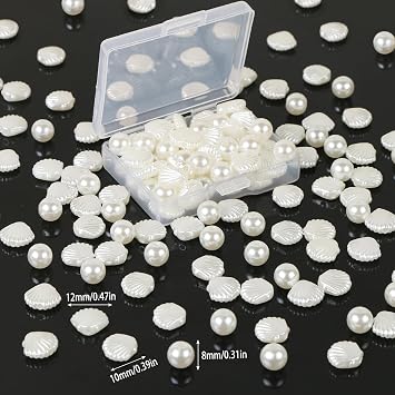 EVERMARKET 200 Pcs Acrylic Pearl Shell Beads for Jewelry Making, Round & Oval Shaped, White Color, Cute Seashell Beads with Box, Loose Beads for DIY Crafts