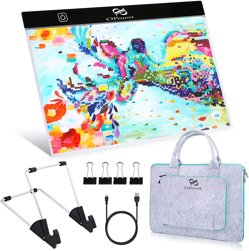 PP OPOUNT B4 LED Light Pad Set, 3 Level Adjustable Brightness Light Board Diamond Painting Light Box with Polyester Felt Handbag and Stand Holder for DIY Art Craft Diamond Painting Sketching