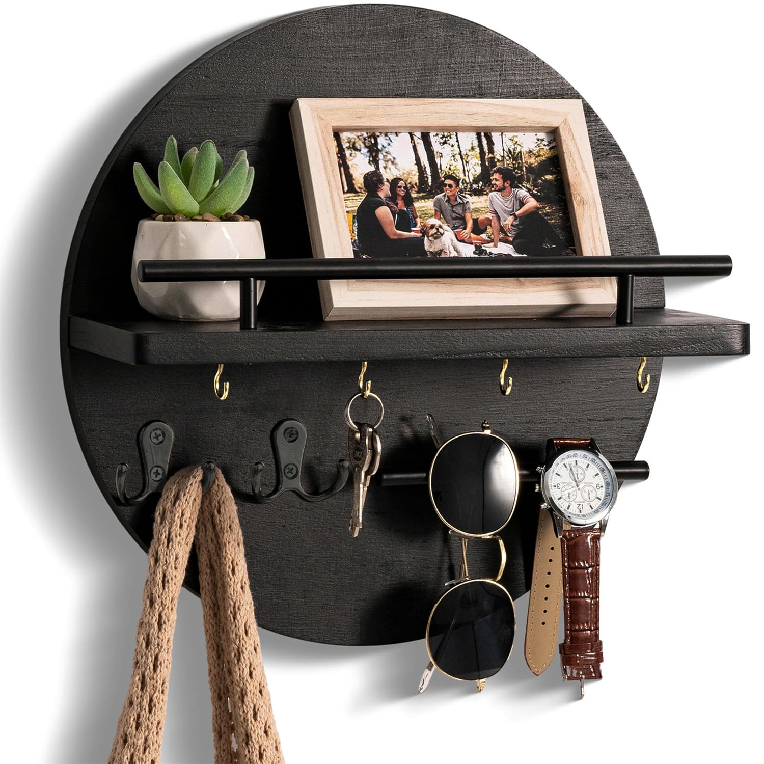 Tablero para llaves de madera vintage negro con estante redondo de pared