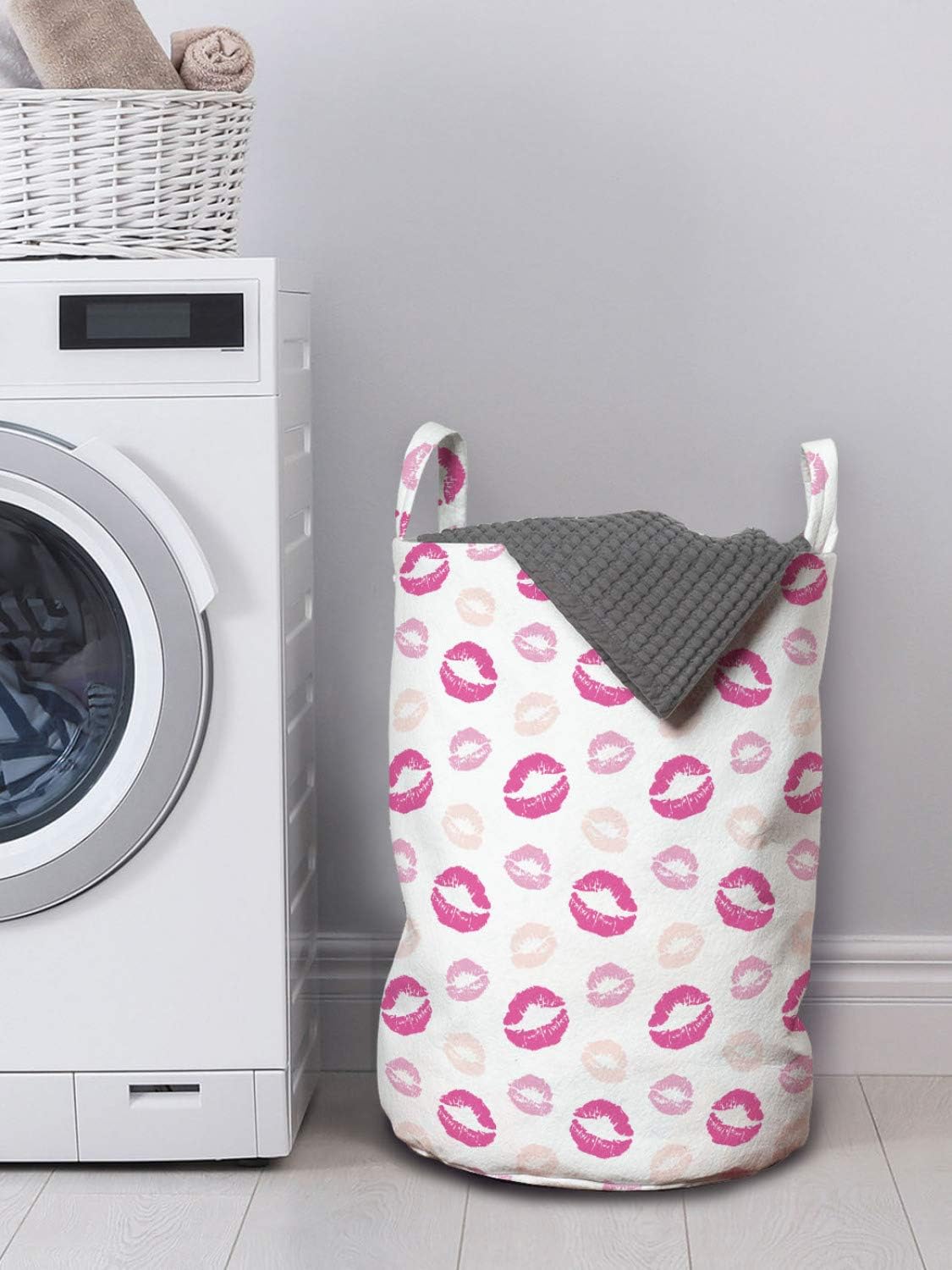 Lunarable Kiss Laundry Bag, Grunge Looking Lipstick Prints Cosmetics Makeup Romantic Valentines Day, Hamper Basket with Handles Drawstring Closure for Laundromats, 13" x 19", Pale Peach Pale Pink