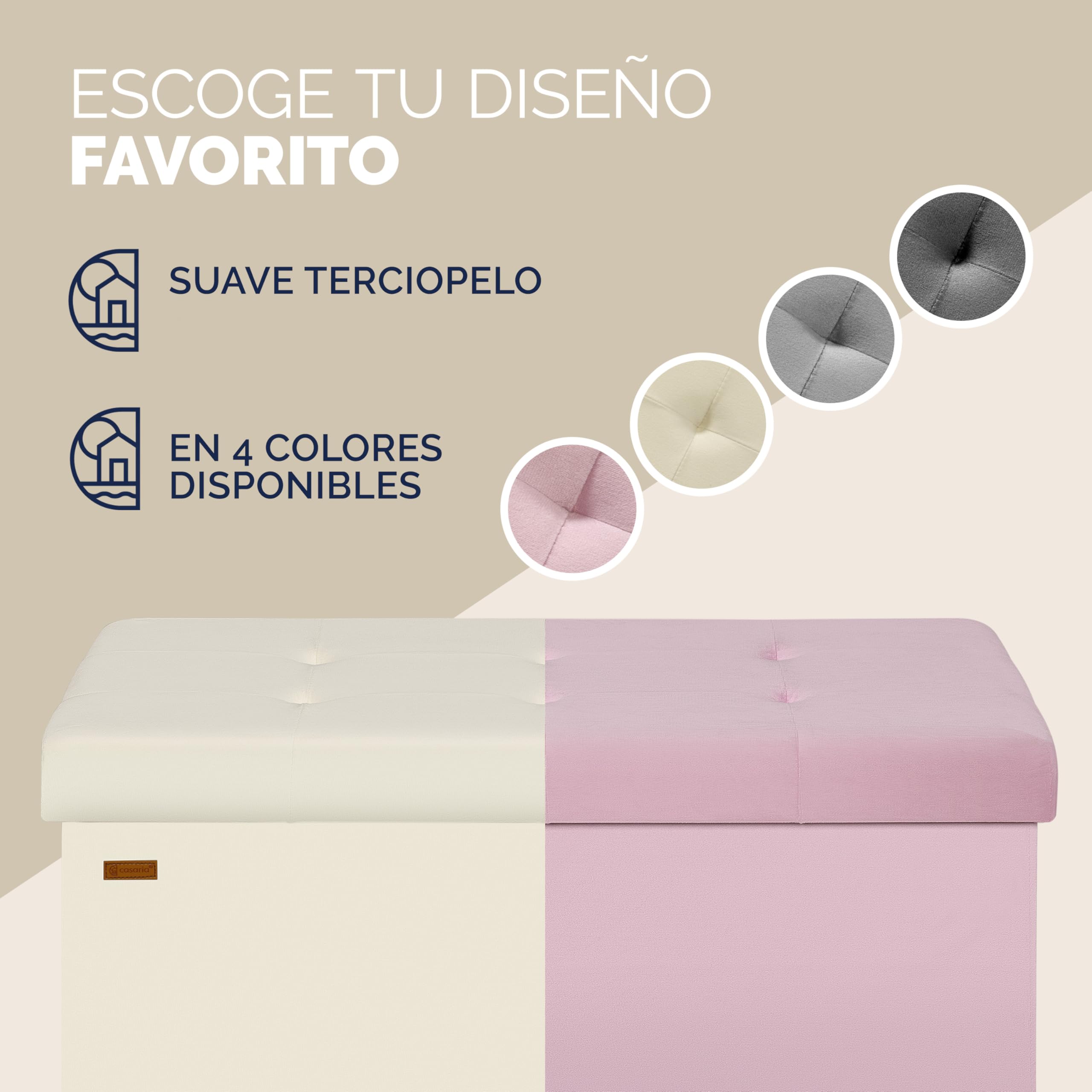 CASARIA® Banco Almacenaje Terciopelo Puff Plegable Capacidad Carga hasta 300kg Resistente 38x76x42cm Patas Madera Reposapies Salon Dormitorio Otomana Beige