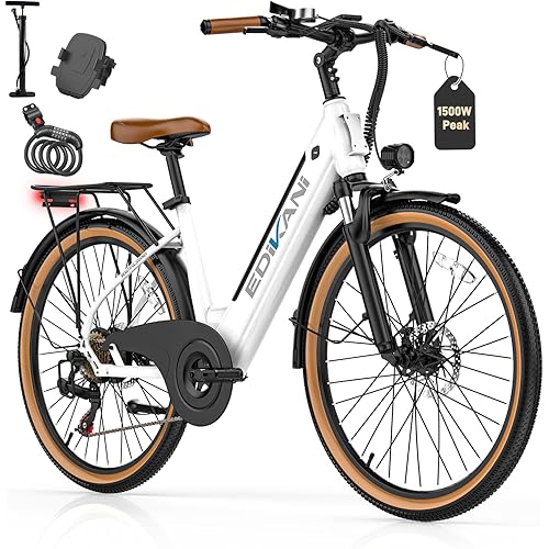 EDIKANI Electric Bike 25MPH 1500W Peak 26" Ebike for Adults with 48V Removable Battery Step-Through City Cruiser Electric Bicycle for Commuter up to 70 Miles EDM02