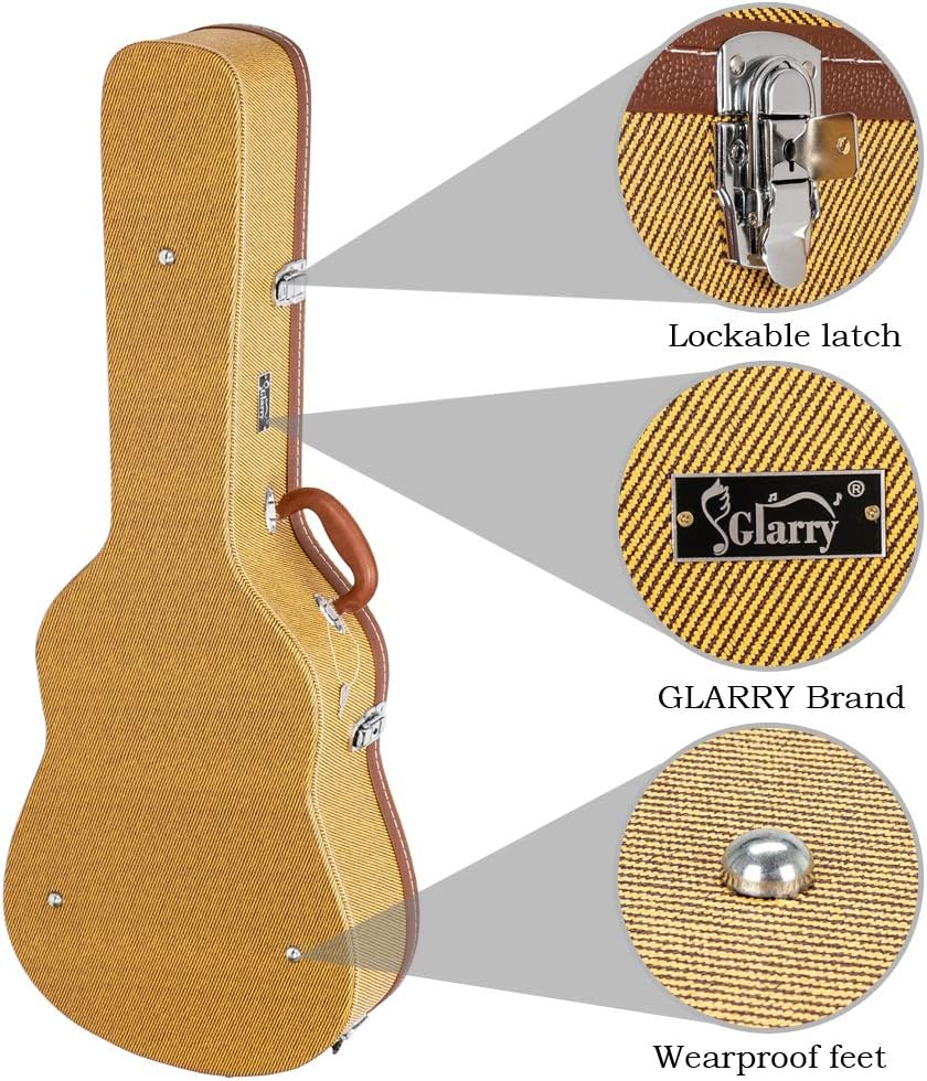 GLARRY 39" Classical Guitar Hard Case Microgroove Protective Flat Case with Lock Latch Keys (Yellow)…