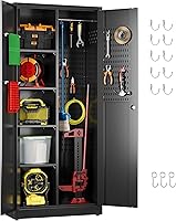 Aobabo Lockable Broom Closet Storage Cabinet - 62"H Metal Garage Organizer with Adjustable Shelves, Hooks & Pegboard, Black