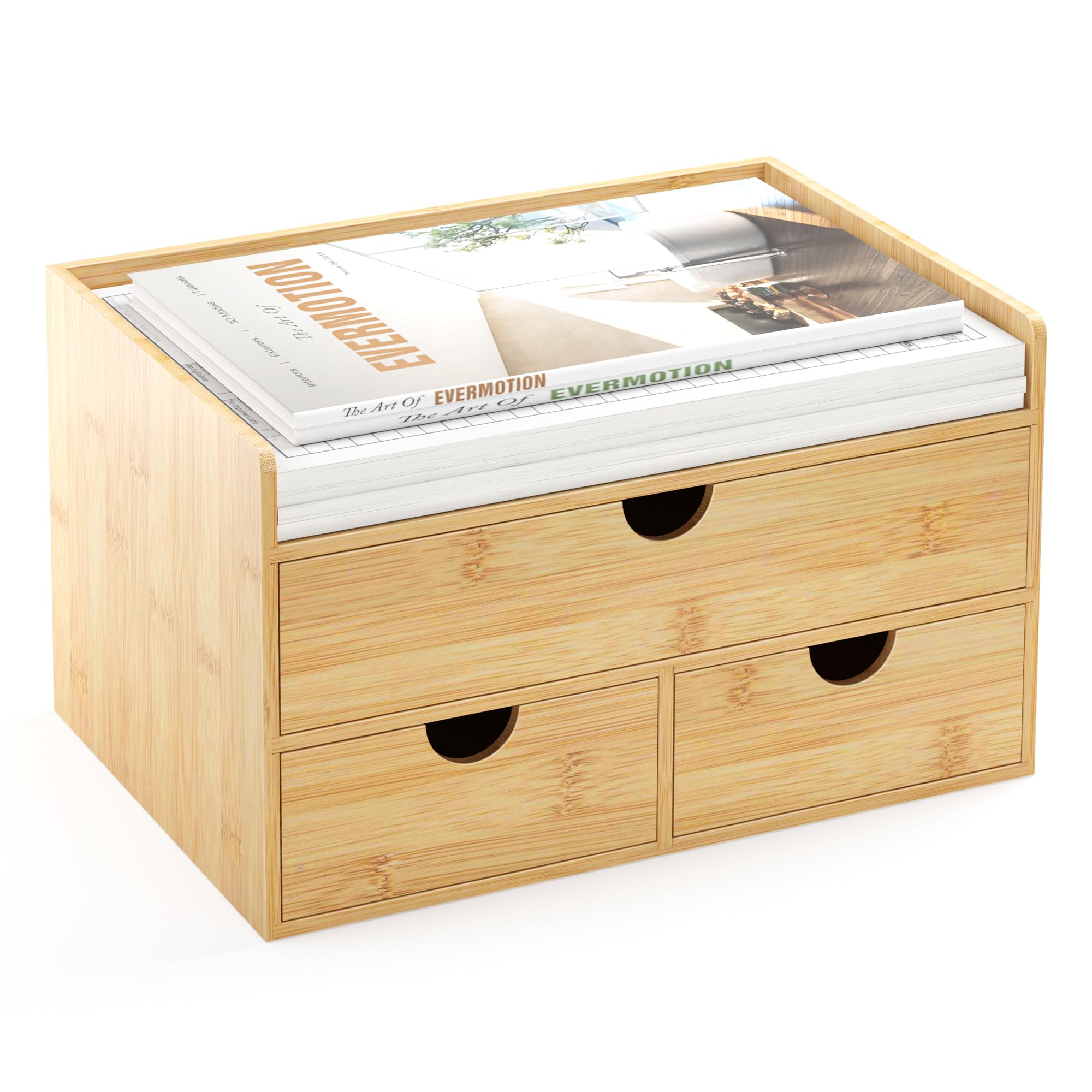 Desk Organizer with Drawers - Bamboo Desktop Organizer Storage | Wood Desk Drawers Organizer for Bills, Office Supplies, Cosmetics, Seals No Assembly