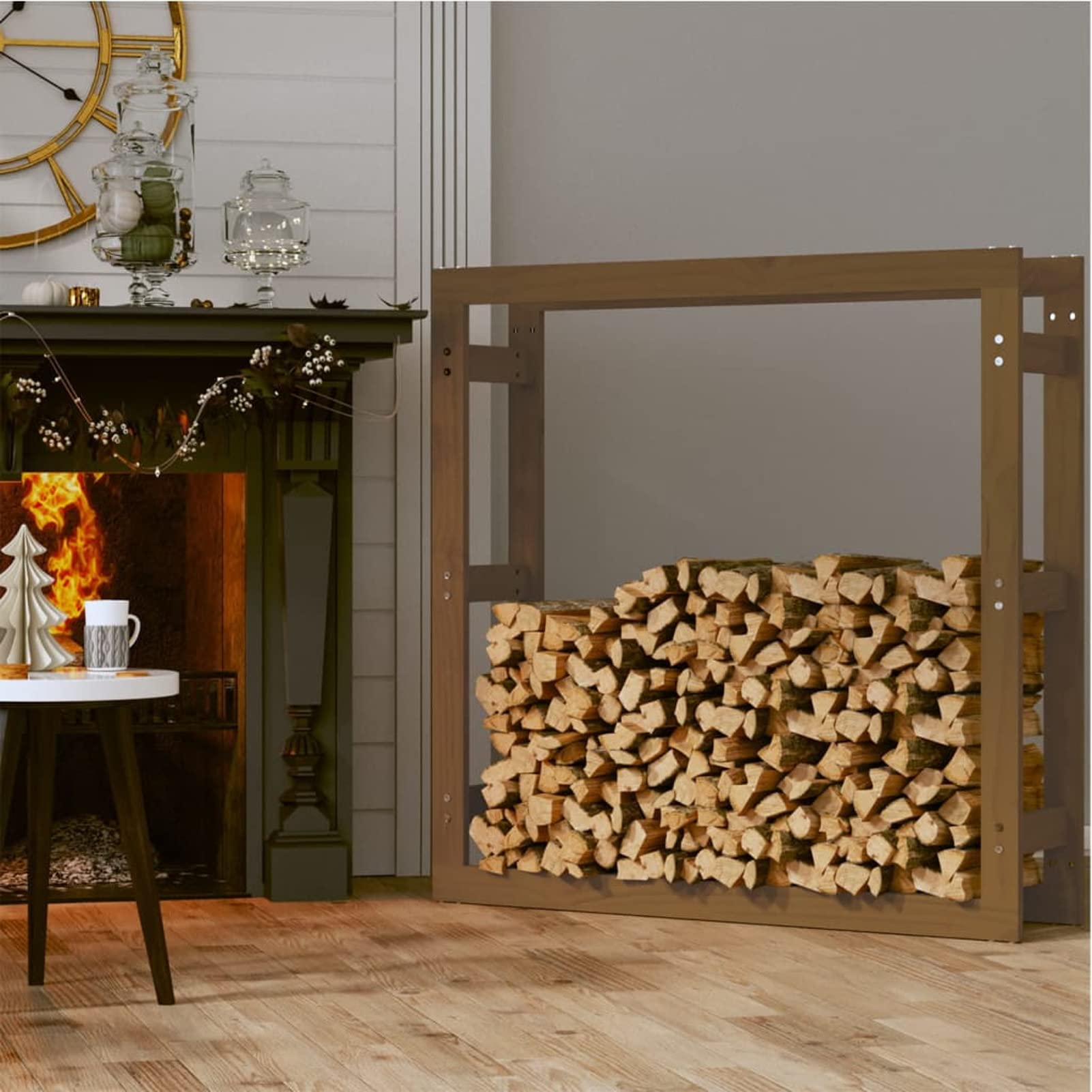 Homgoday Estante para leña Madera Maciza Pino marrón Miel 100x25x100 cm Leñera Registro de Leña, Estantería para leña de Chimenea para Interior y Exterior Soporte de Madera