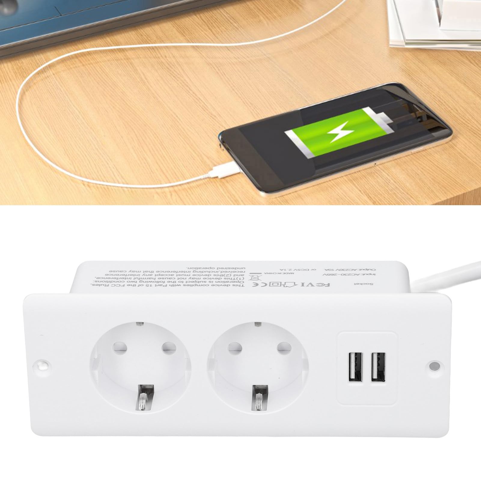 Hub di Alimentazione Presa Multipla Scrivania Incasso 2 USB 2 Porte CA 230-265 V 10A Tavolo Incorporata Spina UE per Attrezzature Meccaniche per Mobili (WHITE)