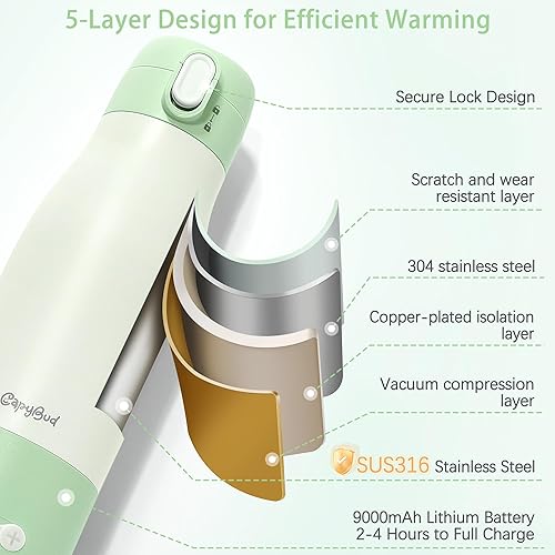 Miniatura 4 de Calentador de botellas portátil, calentador de botellas de viaje inalámbrico de 12 onzas para leche materna, fórmula, agua, batería de larga