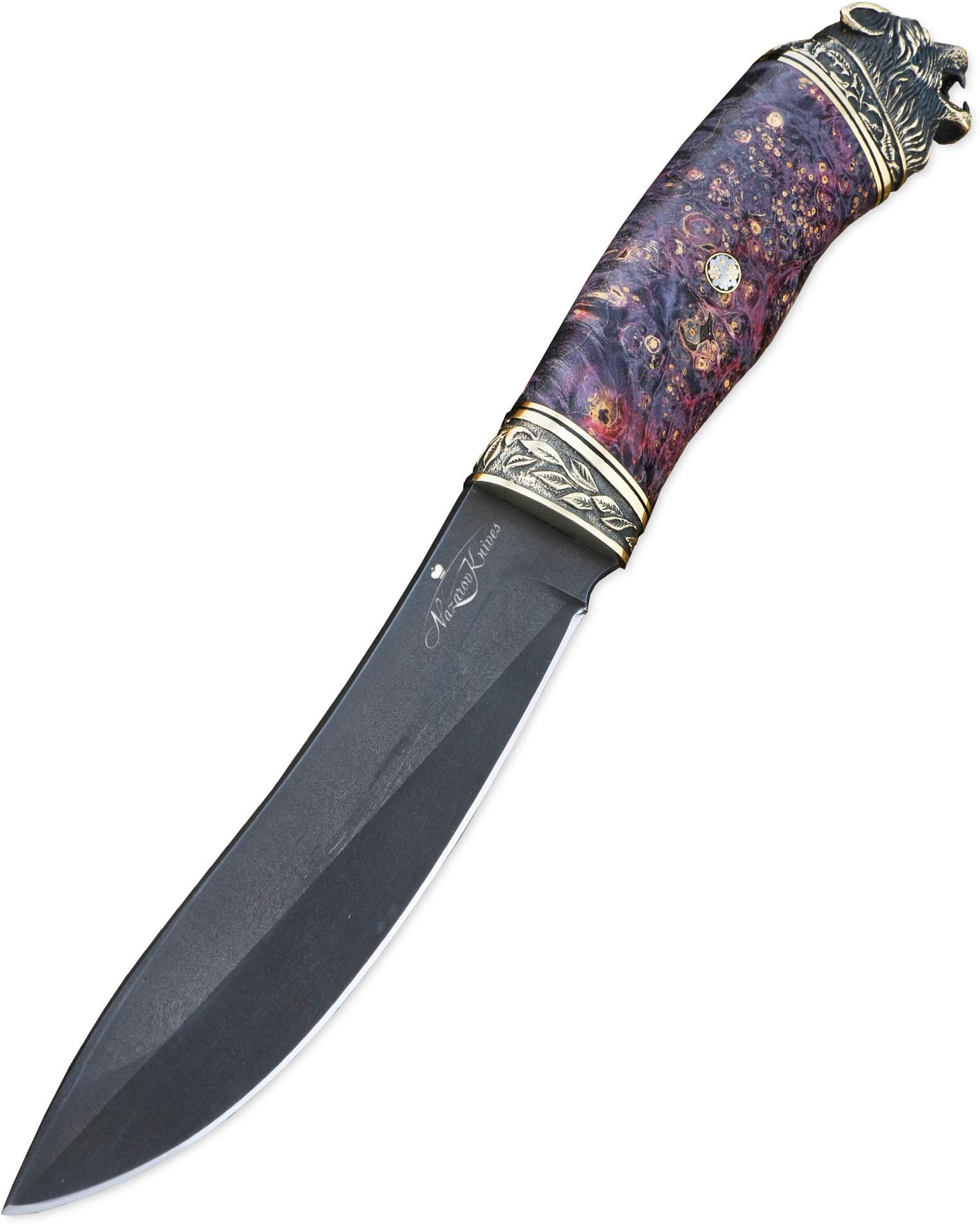 Custom Knife Volcano - Wootz Steel Custom Hunting Knife - Karelian Birch Handle - Bronze Crossguard and Bear Head Pommel - Exclusive Gift - Engraving - Leather Sheath