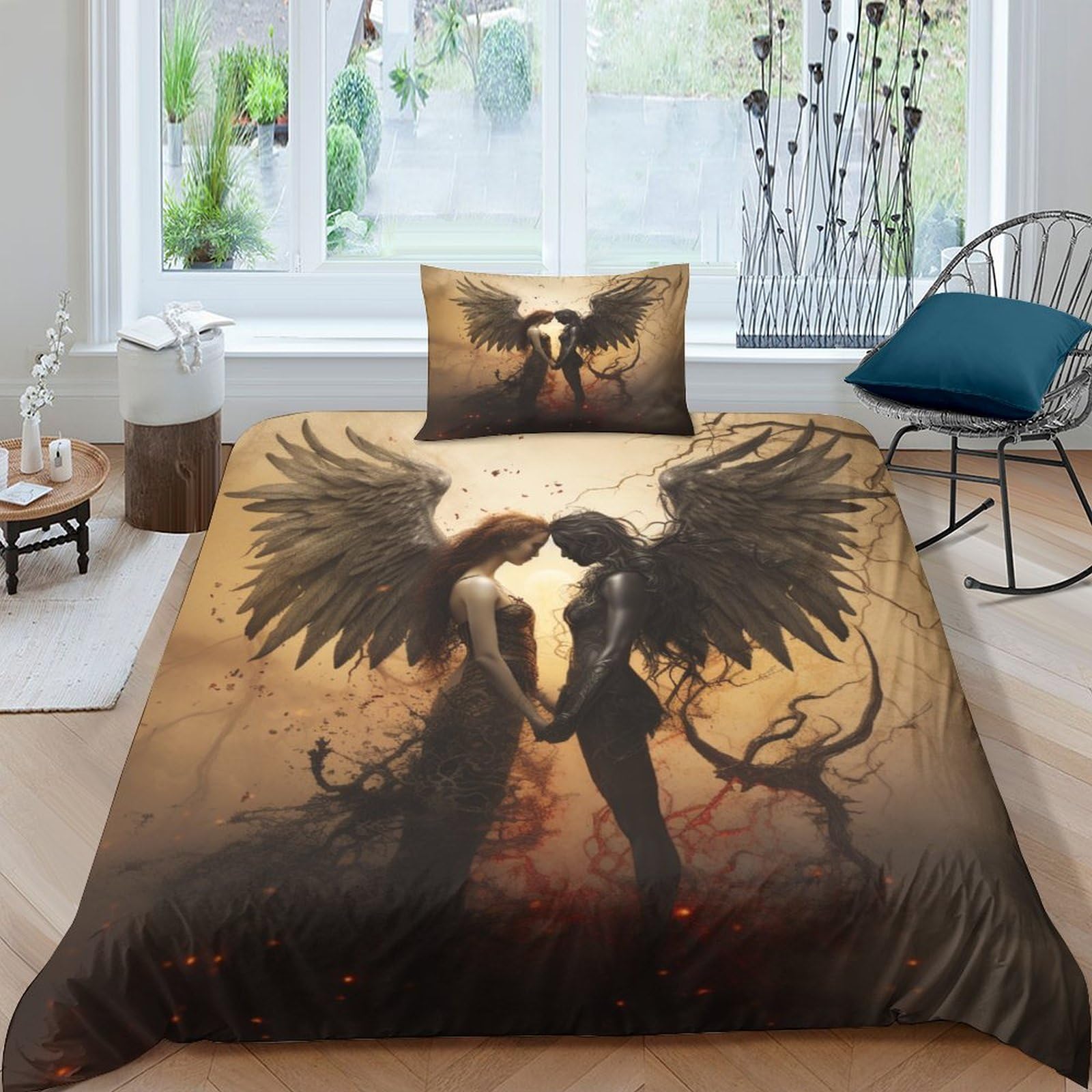 Parure de lit ange 3D en microfbre douce avec housse de couette 135x200cm et sa taie d'oreiller