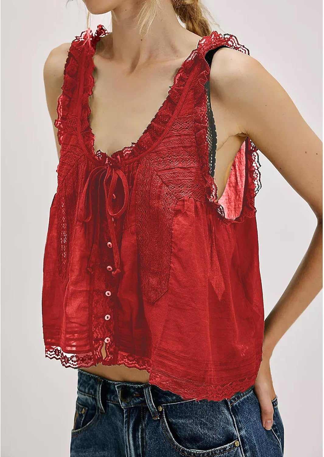 Women Lace Trim Vest Tank Tops Semi Sheer Front Tie Button Front Crop Y2K Going Out Tops Cute Summer Cami Shirt
