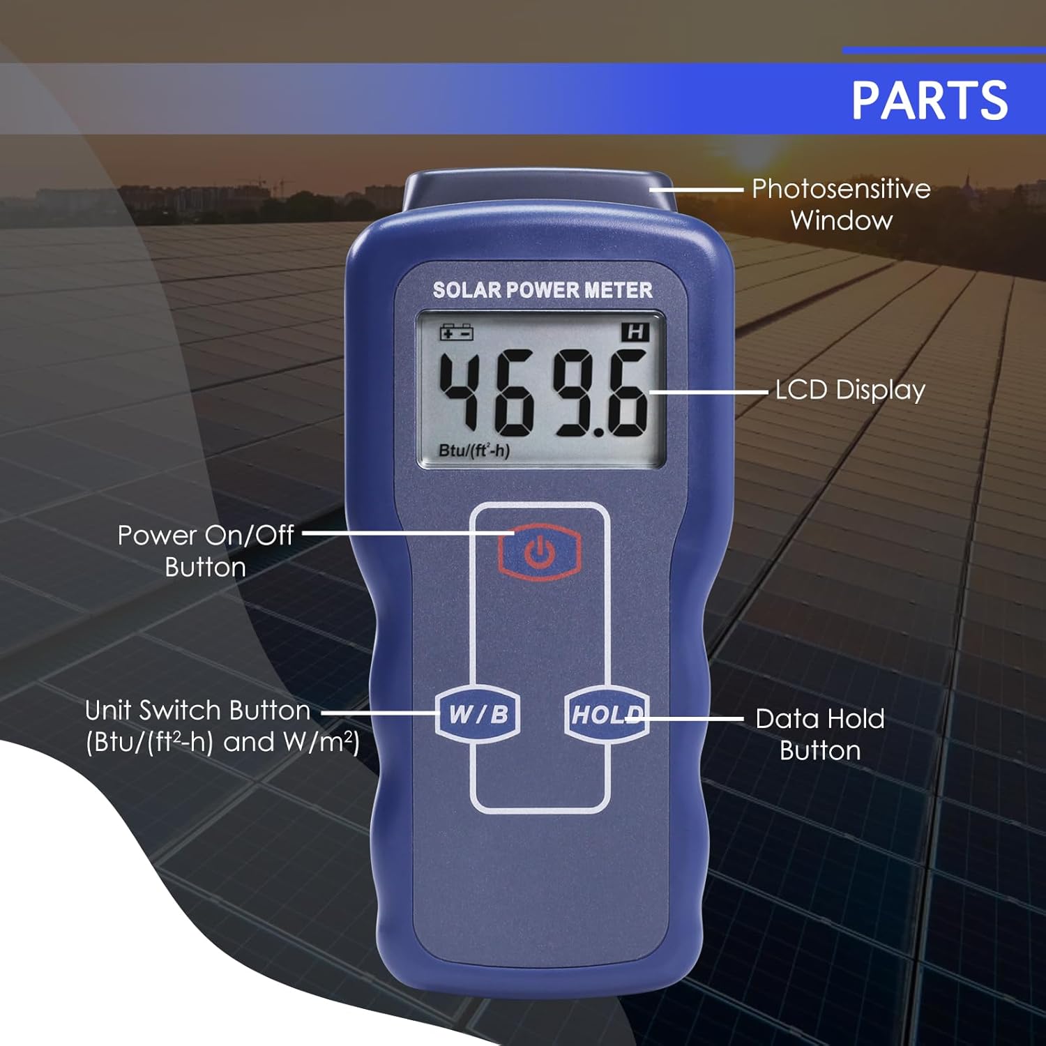 Solar Power Meter Digital Solar Meter, High Accurate Btu Meter with W/m² & Btu/(ft²·h) Switchable, Irradiance Meter for Solar Panel Installation, Solar Radiance Testing and Meteorology, etc.