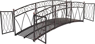 kinbor Metal Garden Bridge - 8 Ft Garden Arch Bridges for Outdoors with Safety Side Rails ＆ Gate, Fenced Pond Bridge for Outdoor, Footbridge Garden Bridges for Backyard, Creek, Farm, Garden, Patio