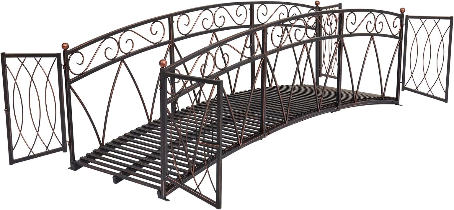 kinbor Metal Garden Bridge - 8 Ft Garden Arch Bridges for Outdoors with Safety Side Rails ＆ Gate, Fenced Pond Bridge for Outdoor, Footbridge Garden Bridges for Backyard, Creek, Farm, Garden, Patio