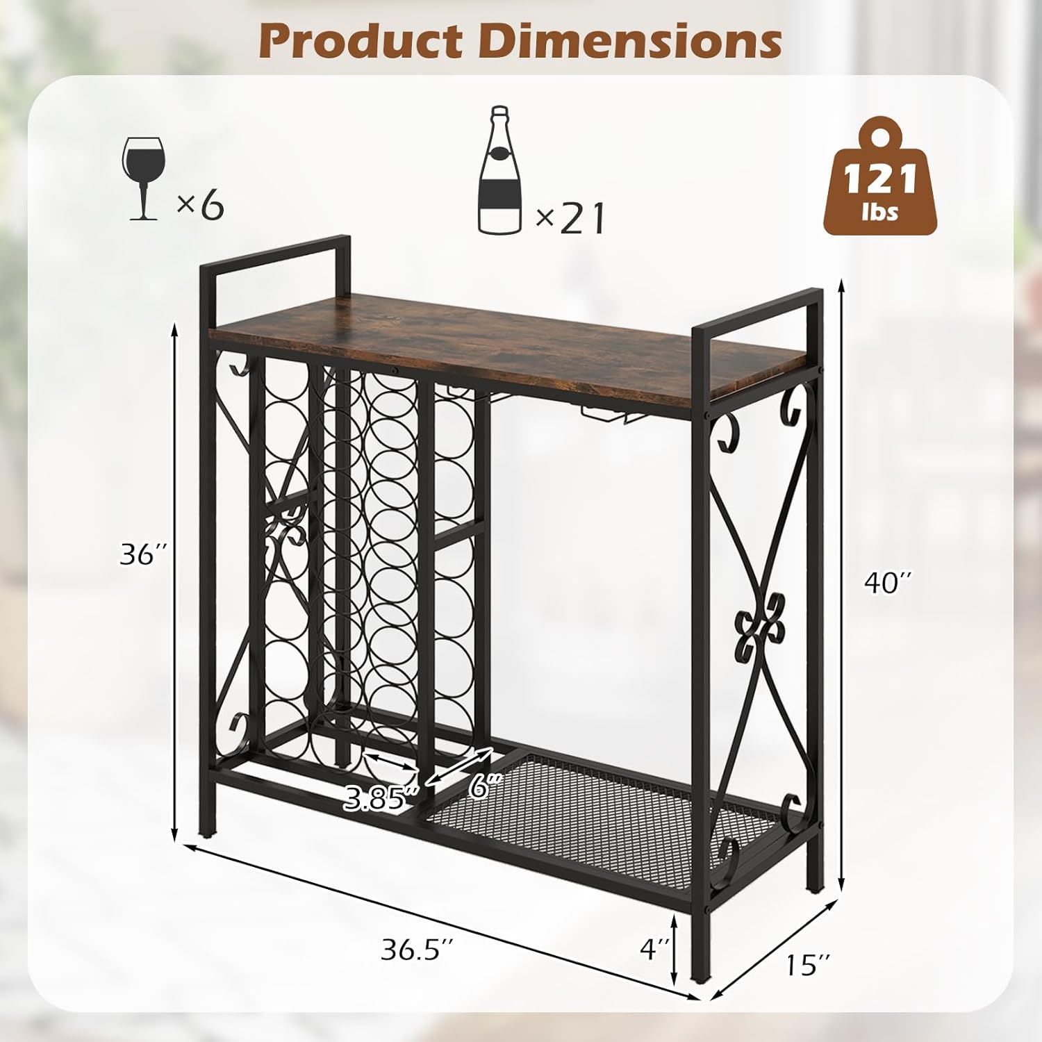 Giantex 21-Bottle Wine Rack Freestanding Floor, Wine Bar Table with 6-Glass Wine Glass Holder, Industrial Wine Display Storage Shelf, Liquor Coffee Bar Cabinet for Home, Dining Room (Rustic Brown)