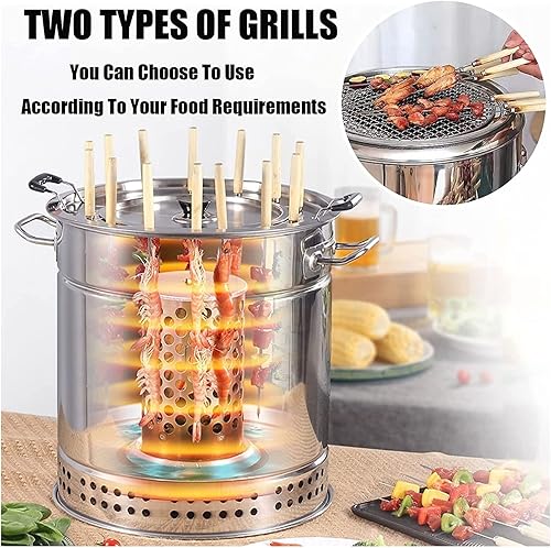 Miniatura 6 de Parrilla de barbacoa de barril de carbón ahumador, barril de malla de acero inoxidable con 20 pinchos, cesta de parrilla rodante y estante de