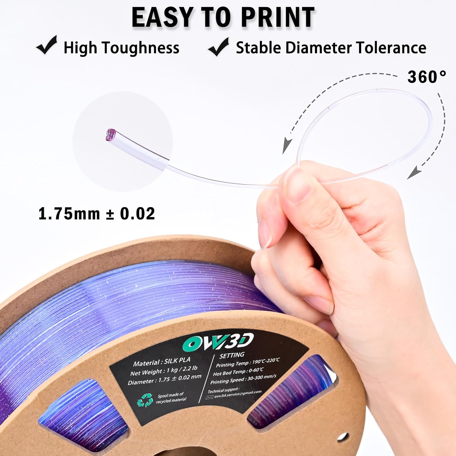 OVV3D Clear PLA Filament 1.75mm, 3D Printer Filament Translucent PLA, 1kg Spool, Transparent Filament Blue Purple Gradient Color Change Low Warping & No-Bubbles, +/- 0.02 mm, Fit Most 3D Printers