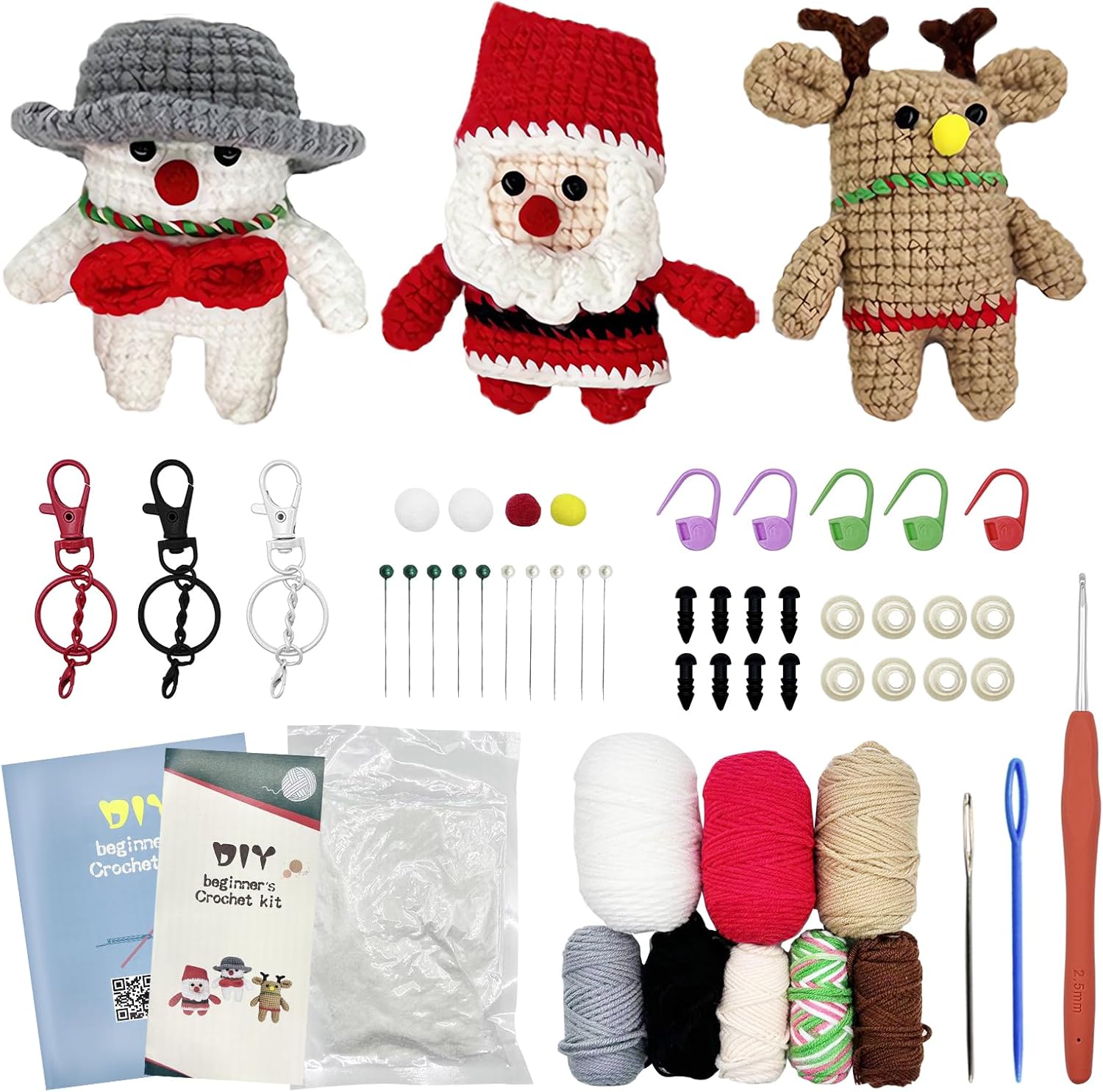 Honkdtyun Crochet Kit for Beginner,Three Patterns-Santa Claus, Christmas Deer, and Children.Knitting Kit for Adult Kids with Step-by-Step Video Tutorials and Yarns, Hook, Accessories