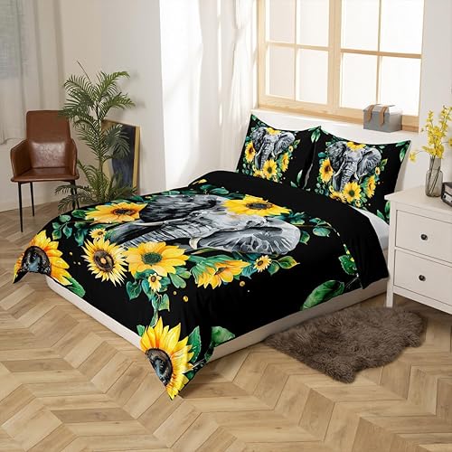 Miniatura 2 de Juego de ropa de cama de elefante, funda de edredón de girasol amarillo, tamaño Queen para niños, niñas, adolescentes y adultos, decoración de