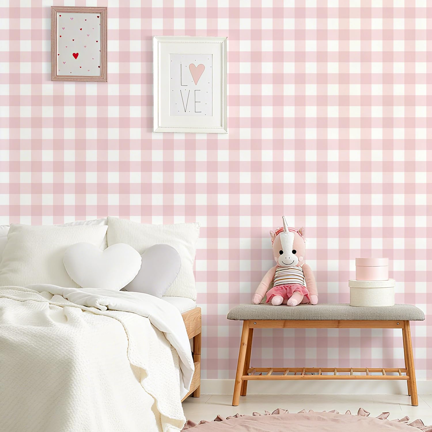 Papel tapiz a cuadros de 17.7 x 393 pulgadas, papel de contacto a cuadros rosa, papel de pared a cuadros, papel de pared autoadhesivo de vinilo extraíble para dormitorio, guardería, sala