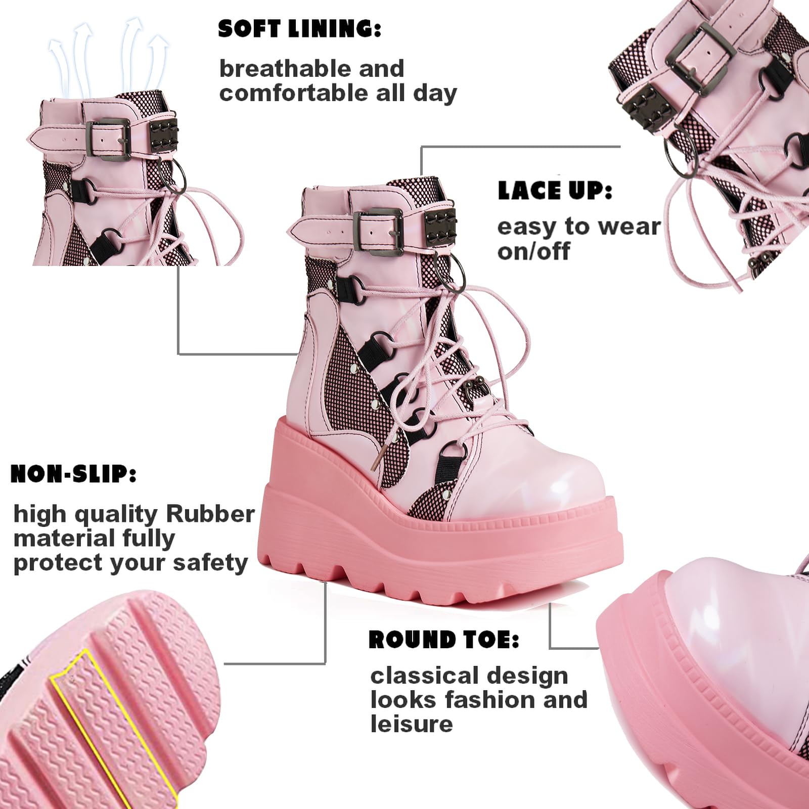 Tscoyuki Platform Ankle Boots for Women Chunky High Heel Booties Goth Round Toe Combat Boots Women Lace Up Motorcycle Wedges: 10 1-pink