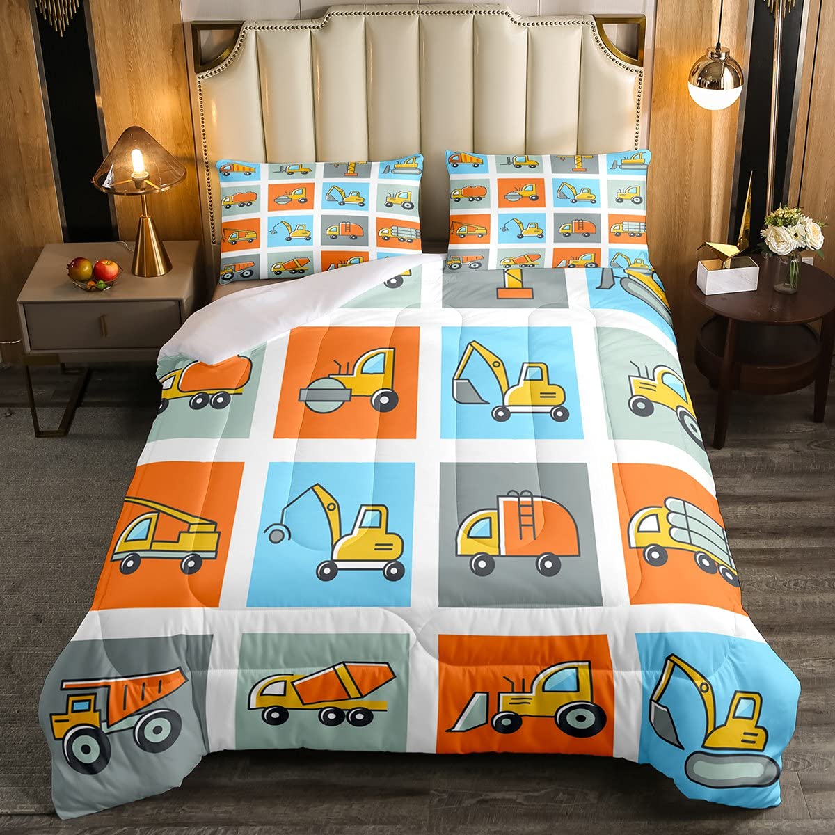 Loussiesd Kids Cartoon Car Duvet Insert/Quilt Boys Cute Construction Vehicles Bedding Set Machinery Cars Comforter for Nursery Girls Child Teens Colorful Equipment Trucks Duvet Set King Size